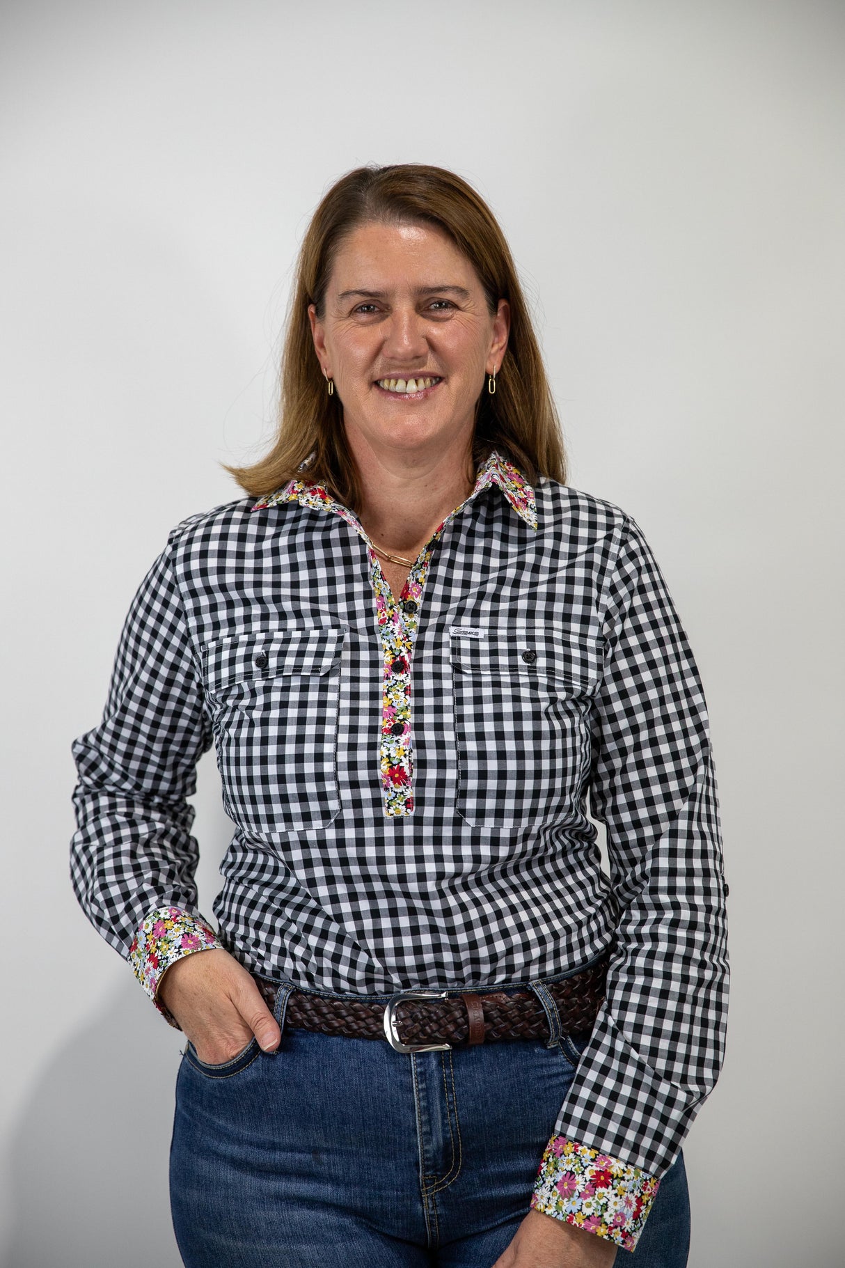 Elizabeth - 1/2 Button Front black gingham/paisley Long Sleeve Cotton Collared Shirt