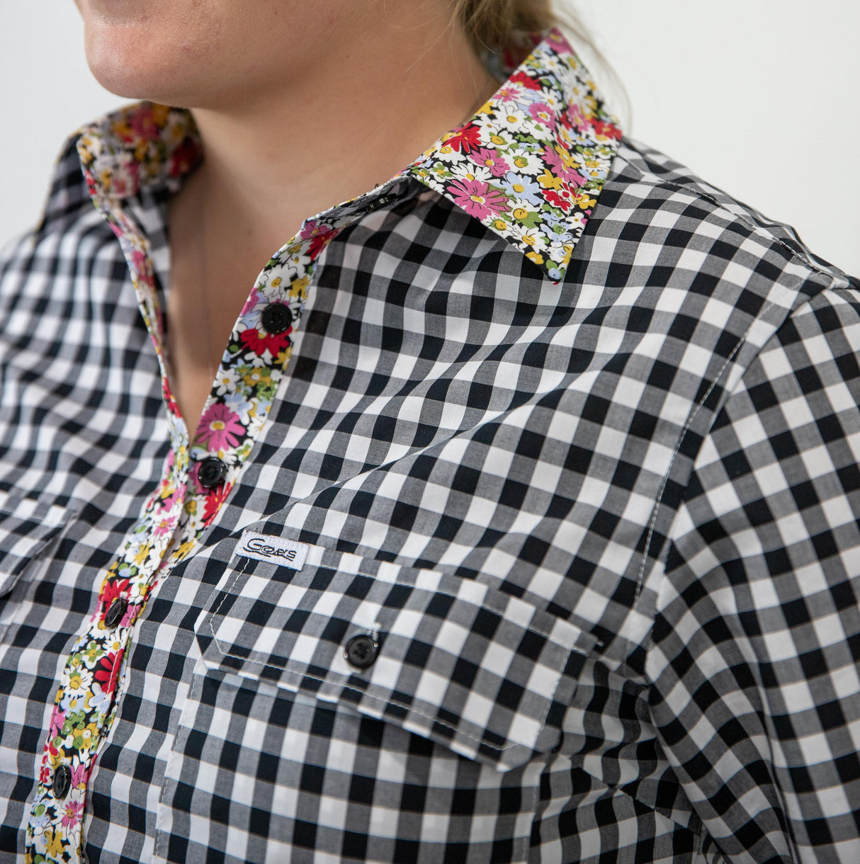 Elizabeth - 1/2 Button Front black gingham/paisley Long Sleeve Cotton Collared Shirt