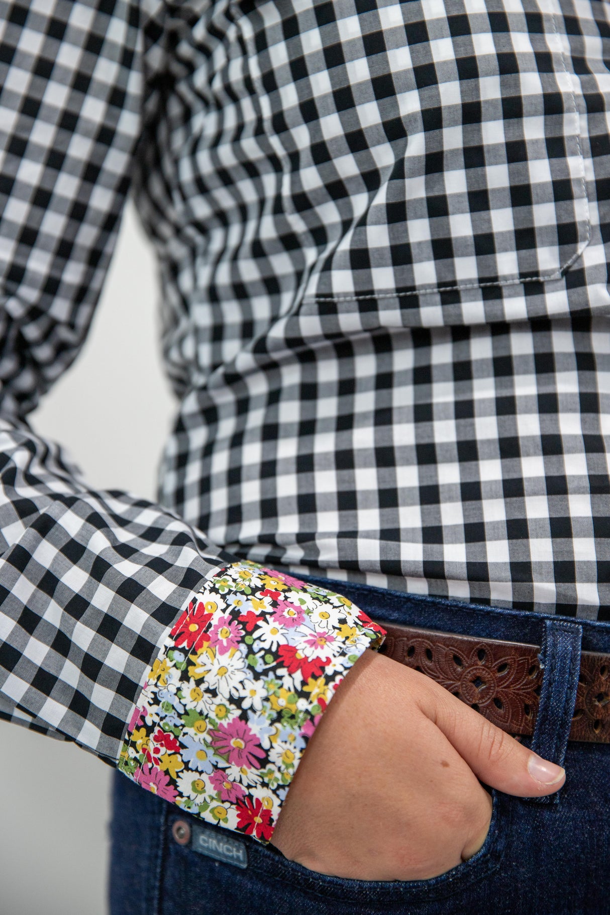 Elizabeth - 1/2 Button Front black gingham/paisley Long Sleeve Cotton Collared Shirt