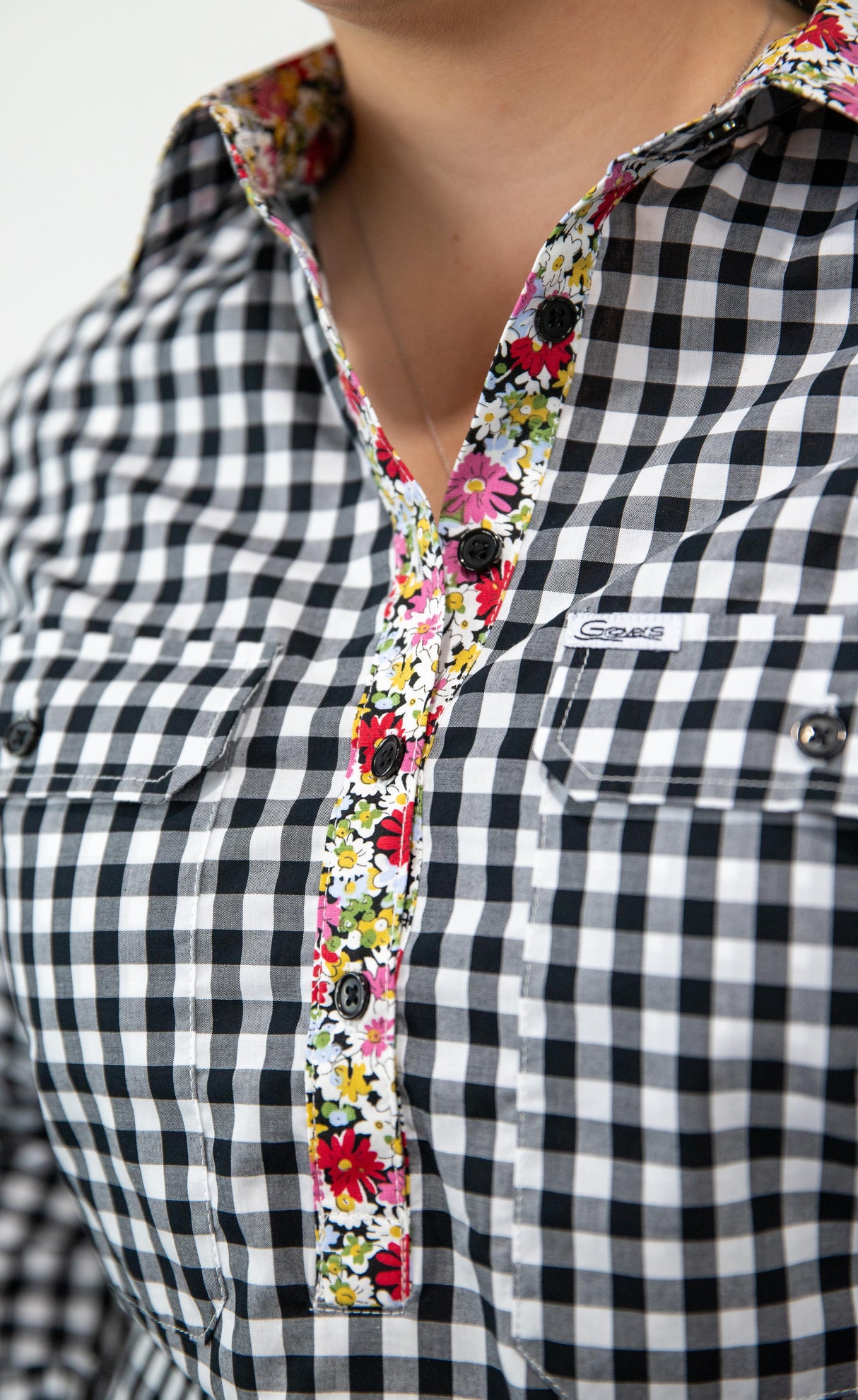 Elizabeth - 1/2 Button Front black gingham/paisley Long Sleeve Cotton Collared Shirt