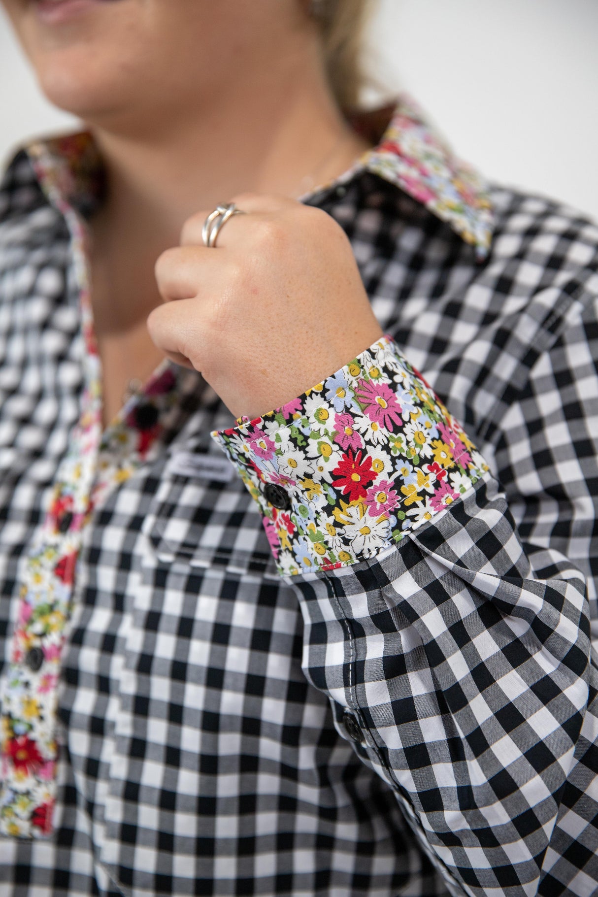 Elizabeth - 1/2 Button Front black gingham/paisley Long Sleeve Cotton Collared Shirt