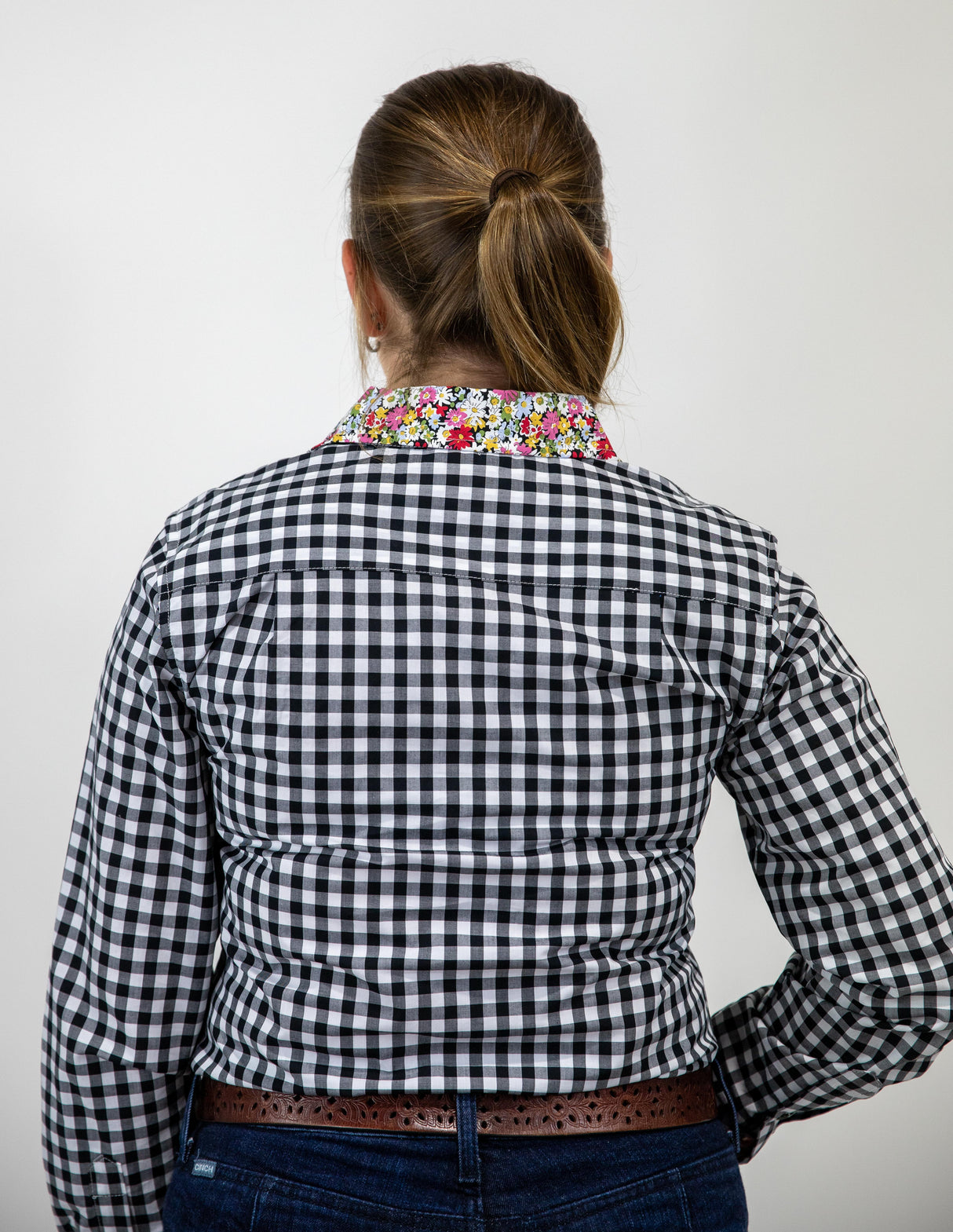 Elizabeth - 1/2 Button Front black gingham/paisley Long Sleeve Cotton Collared Shirt