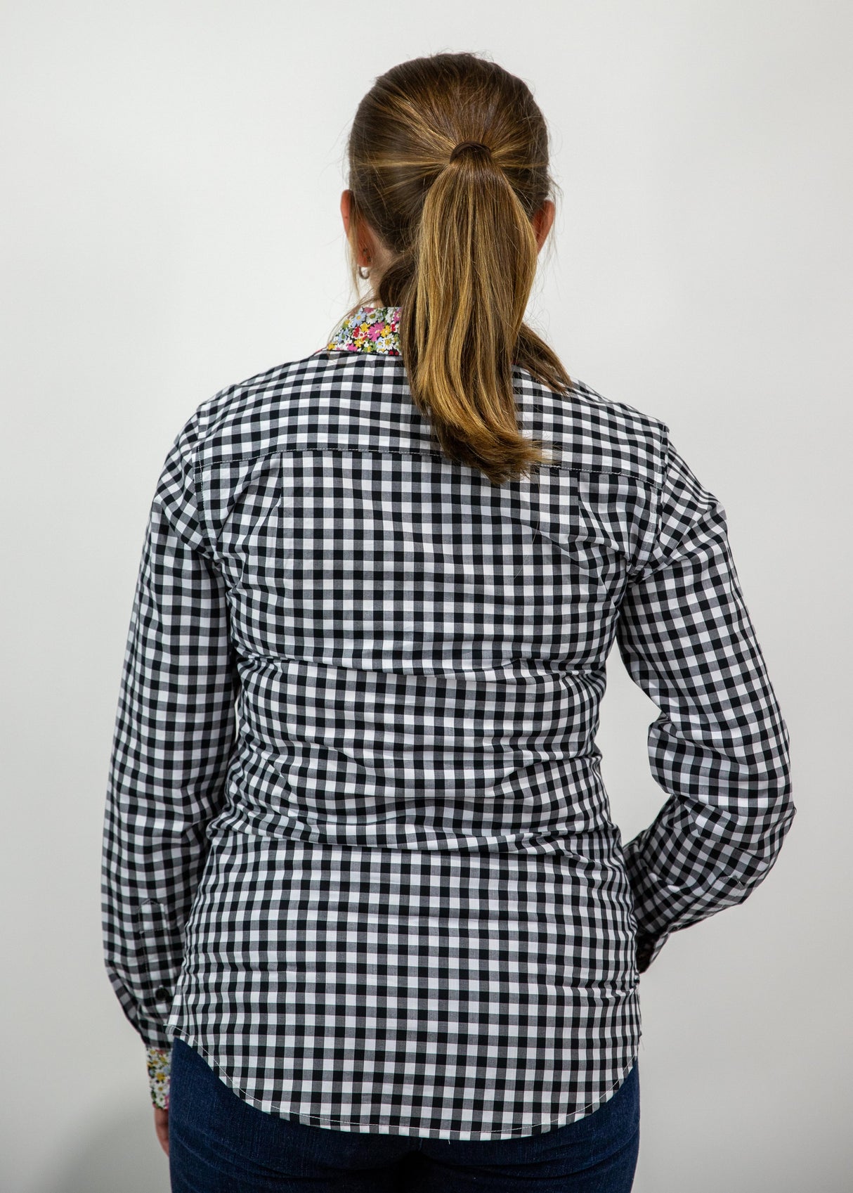 Elizabeth - 1/2 Button Front black gingham/paisley Long Sleeve Cotton Collared Shirt