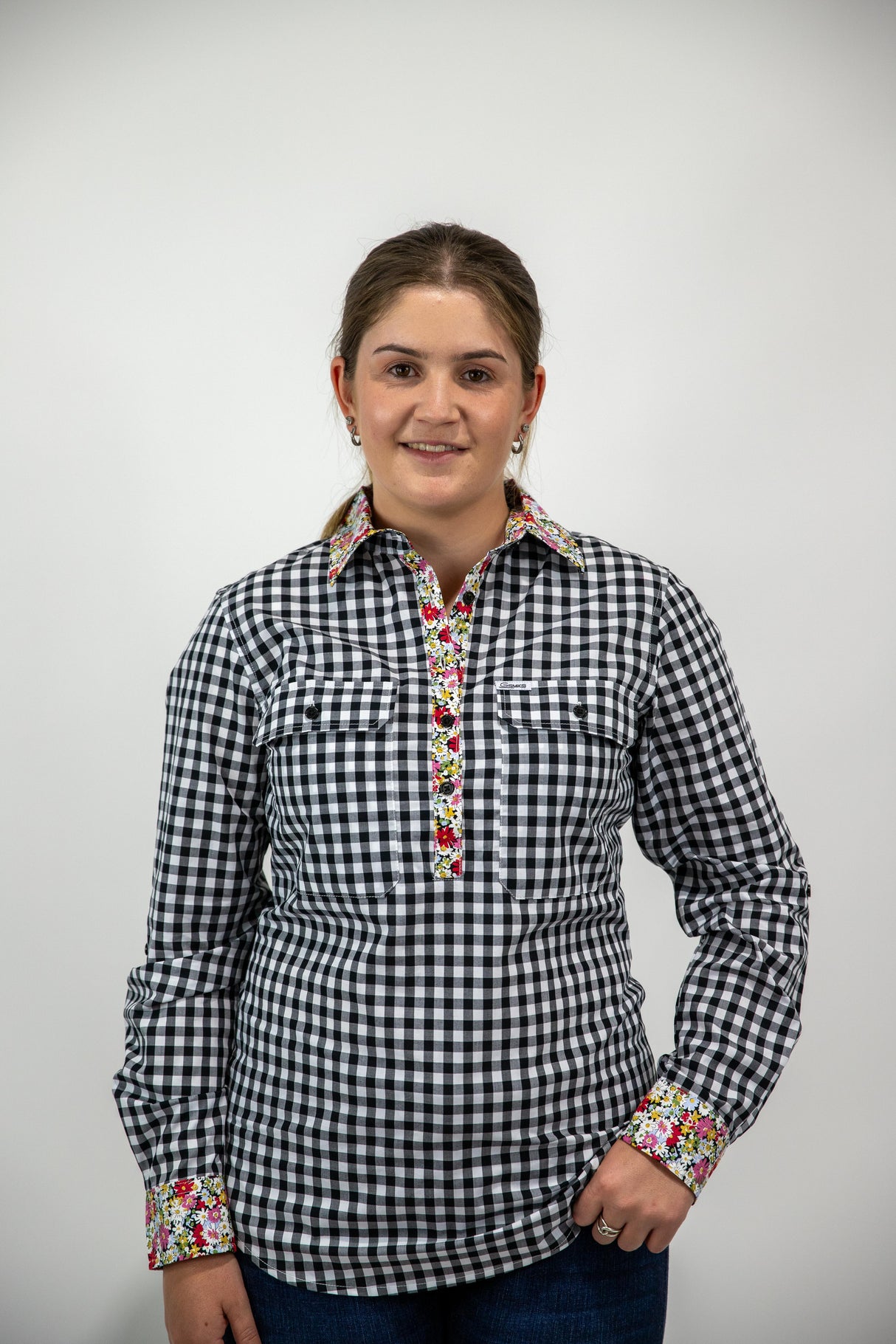 Elizabeth - 1/2 Button Front black gingham/paisley Long Sleeve Cotton Collared Shirt