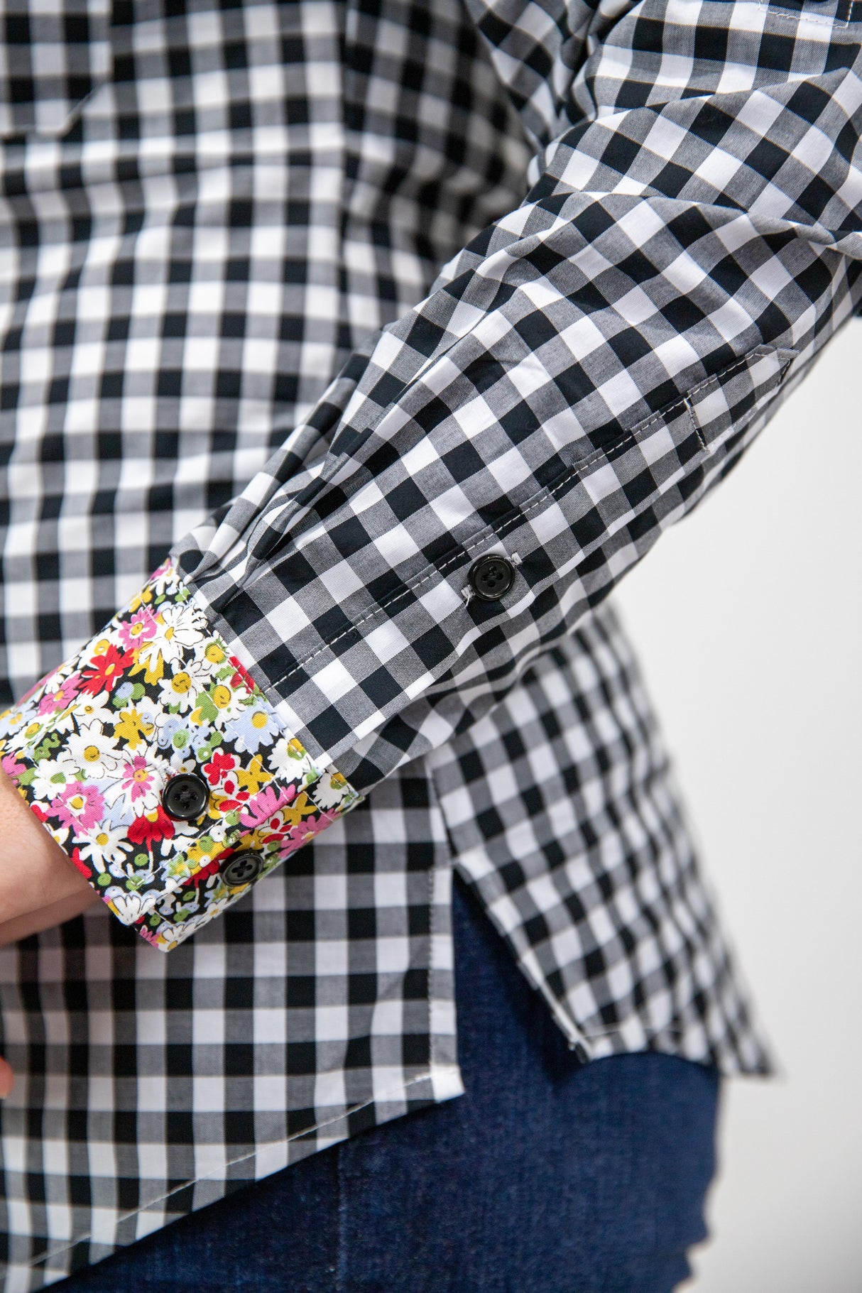 Elizabeth - 1/2 Button Front black gingham/paisley Long Sleeve Cotton Collared Shirt