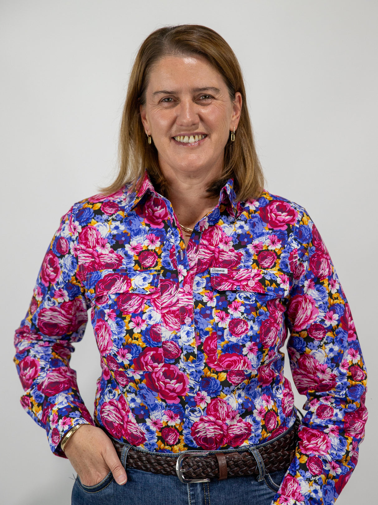 Hillary - 1/2 Button Front floral Long Sleeve Cotton Collared Shirt