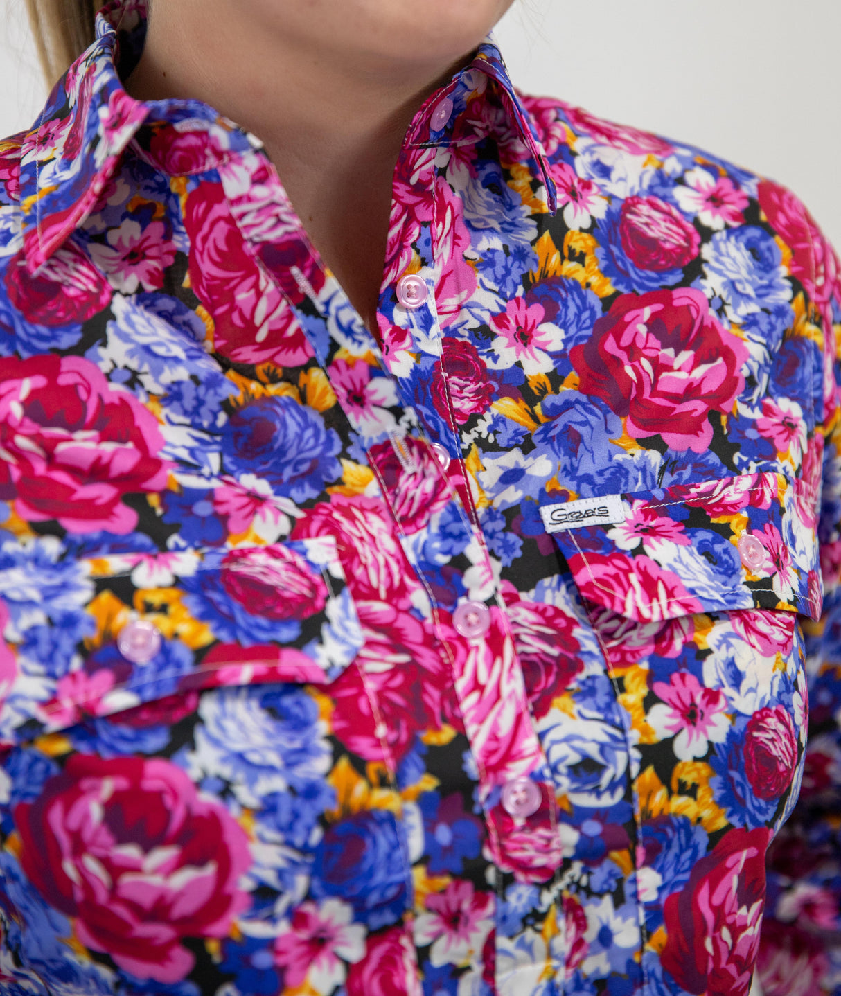 Hillary - 1/2 Button Front floral Long Sleeve Cotton Collared Shirt