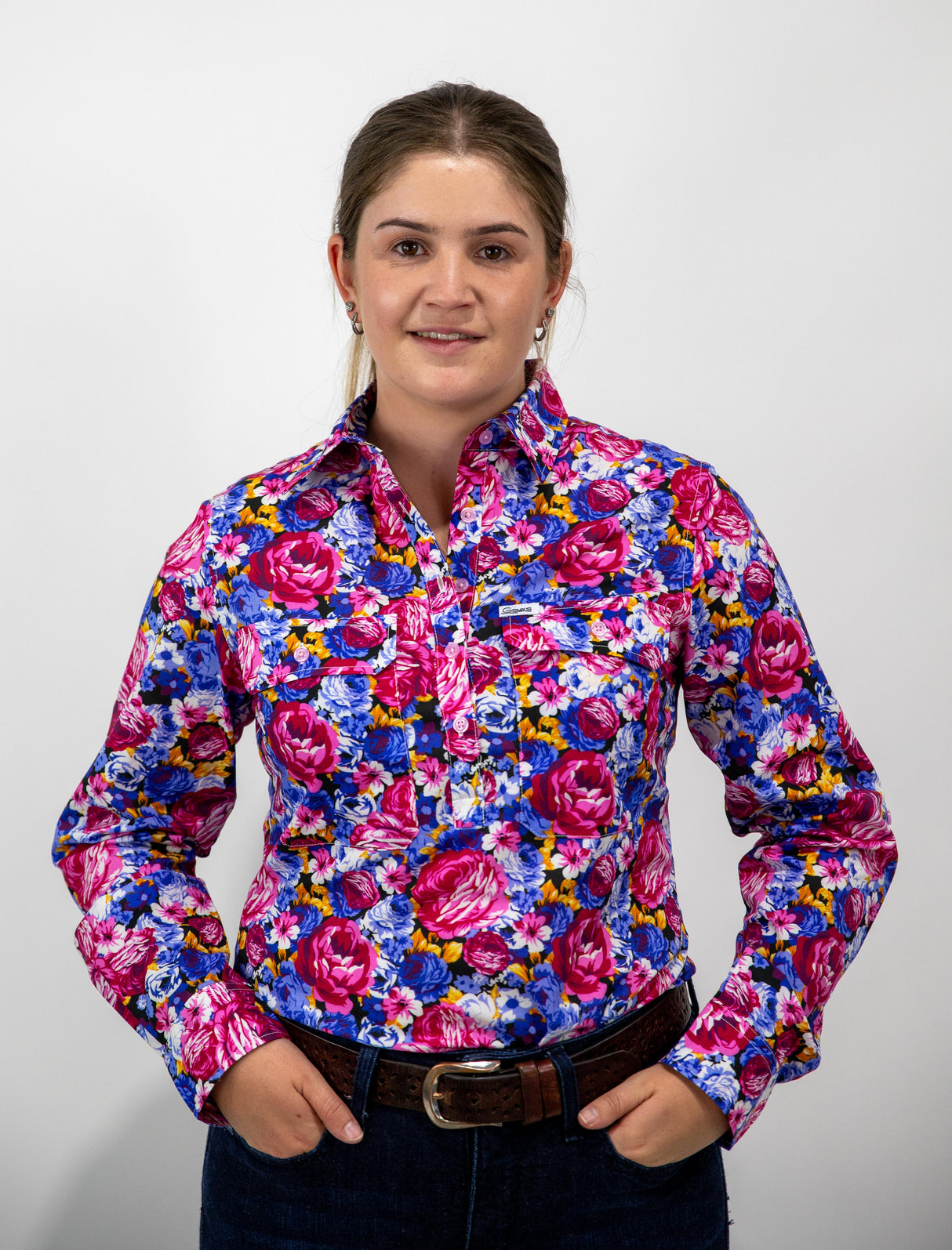 Hillary - 1/2 Button Front floral Long Sleeve Cotton Collared Shirt
