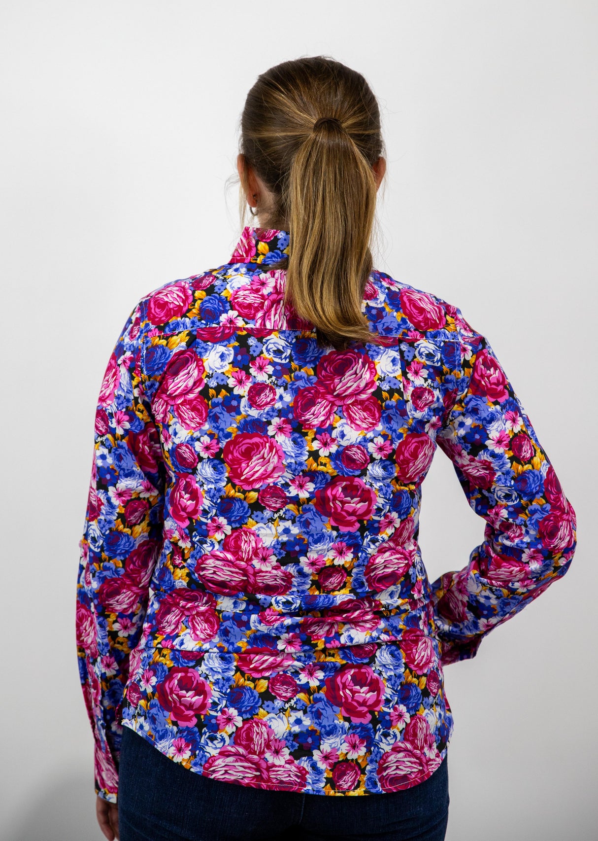 Hillary - 1/2 Button Front floral Long Sleeve Cotton Collared Shirt