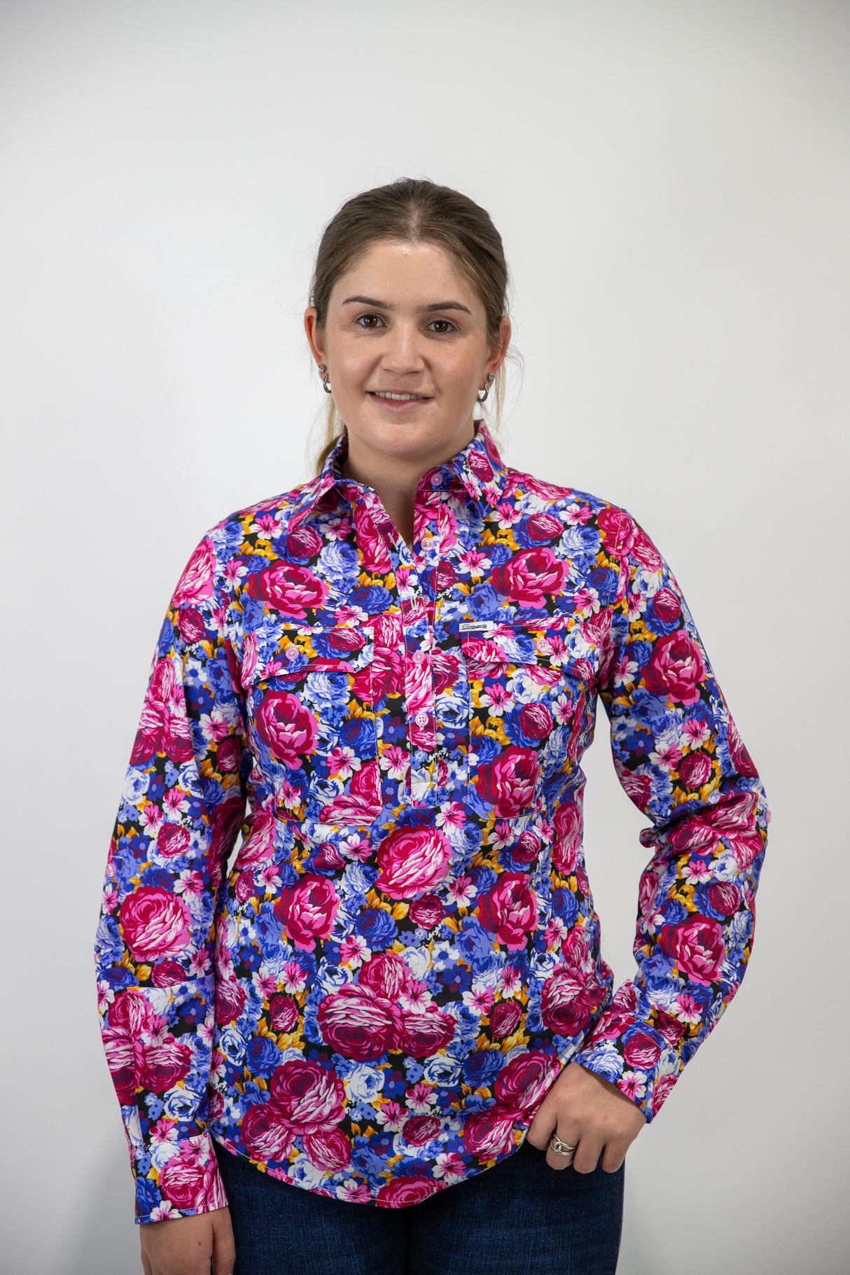 Hillary - 1/2 Button Front floral Long Sleeve Cotton Collared Shirt