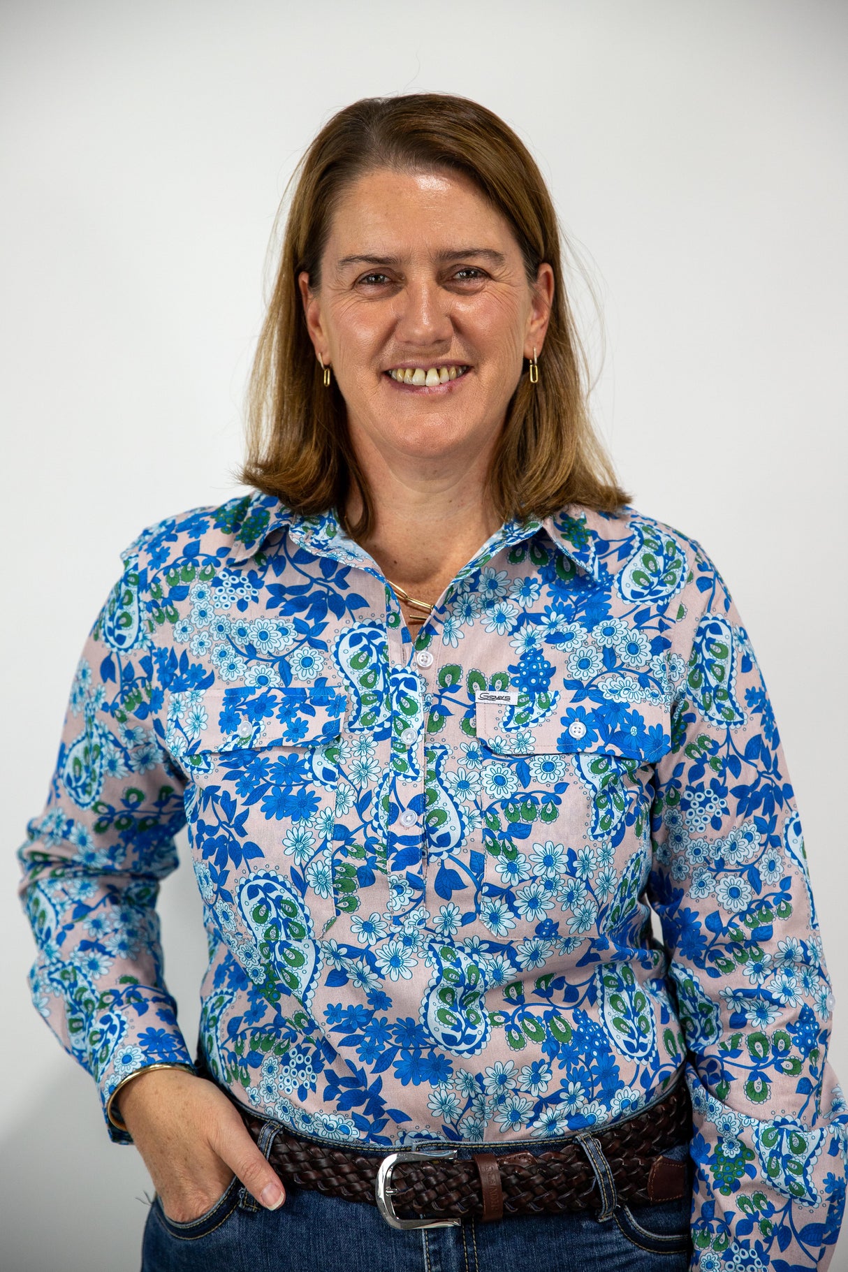 Cora - 1/2 Button Front floral/paisley Long Sleeve Cotton Collared Shirt