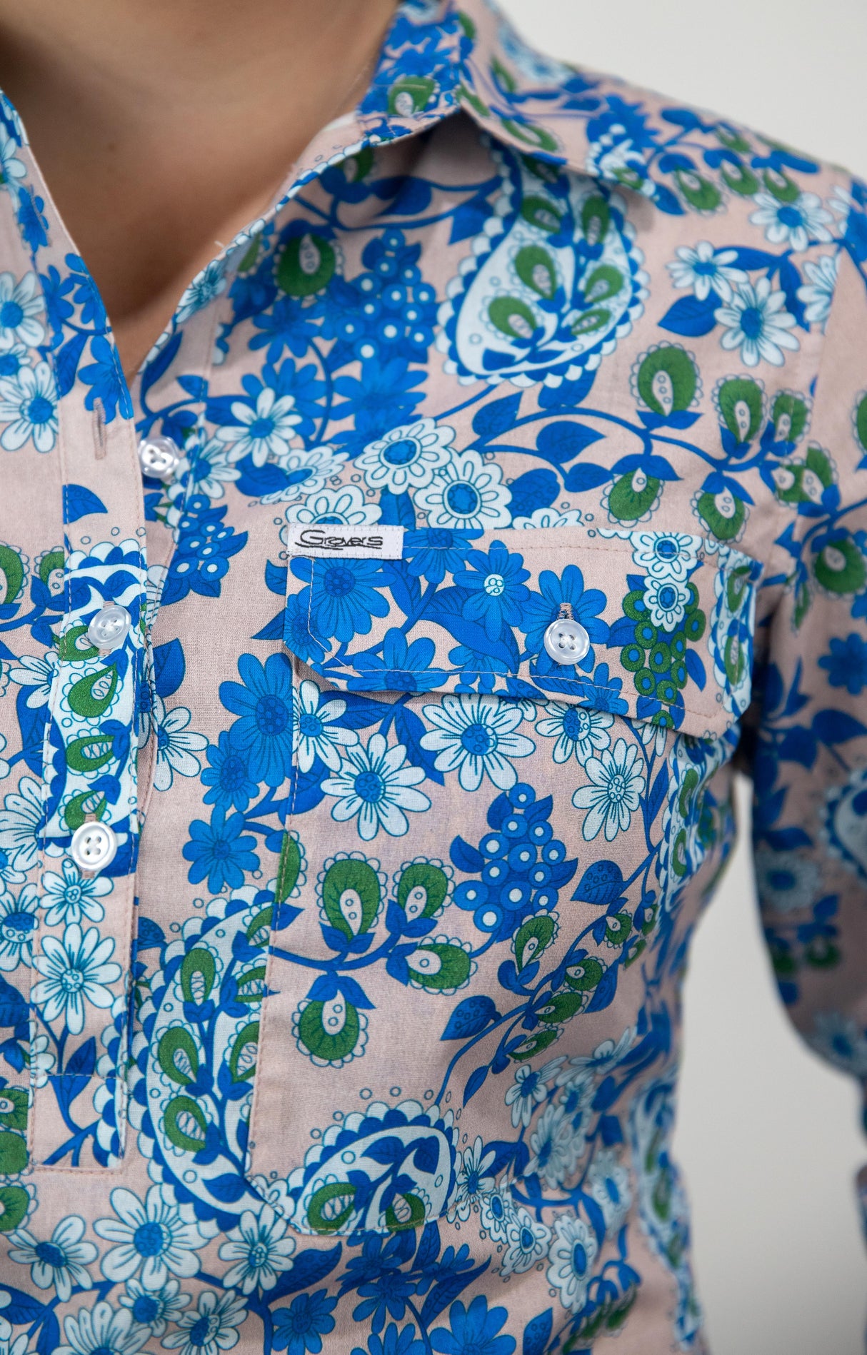 Cora - 1/2 Button Front floral/paisley Long Sleeve Cotton Collared Shirt