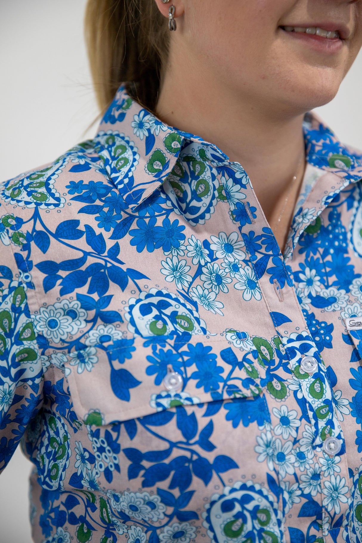 Cora - 1/2 Button Front floral/paisley Long Sleeve Cotton Collared Shirt