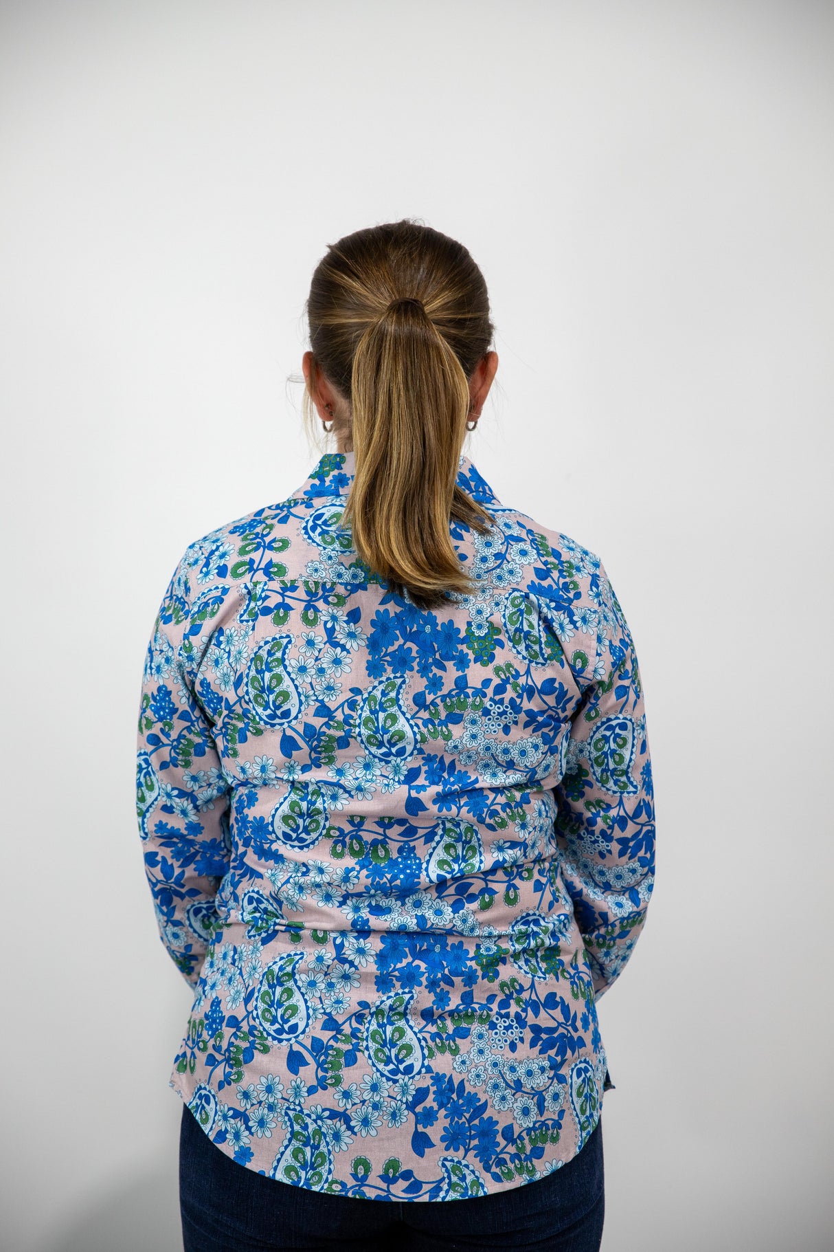 Cora - 1/2 Button Front floral/paisley Long Sleeve Cotton Collared Shirt