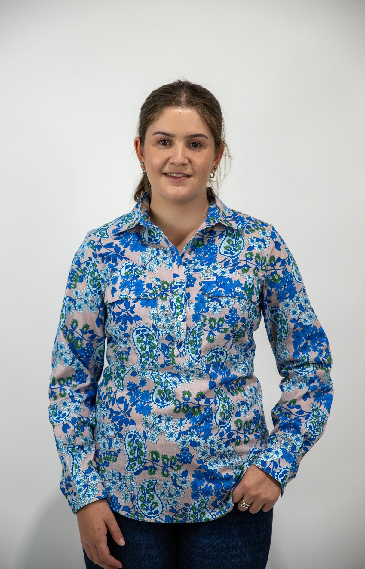 Cora - 1/2 Button Front floral/paisley Long Sleeve Cotton Collared Shirt