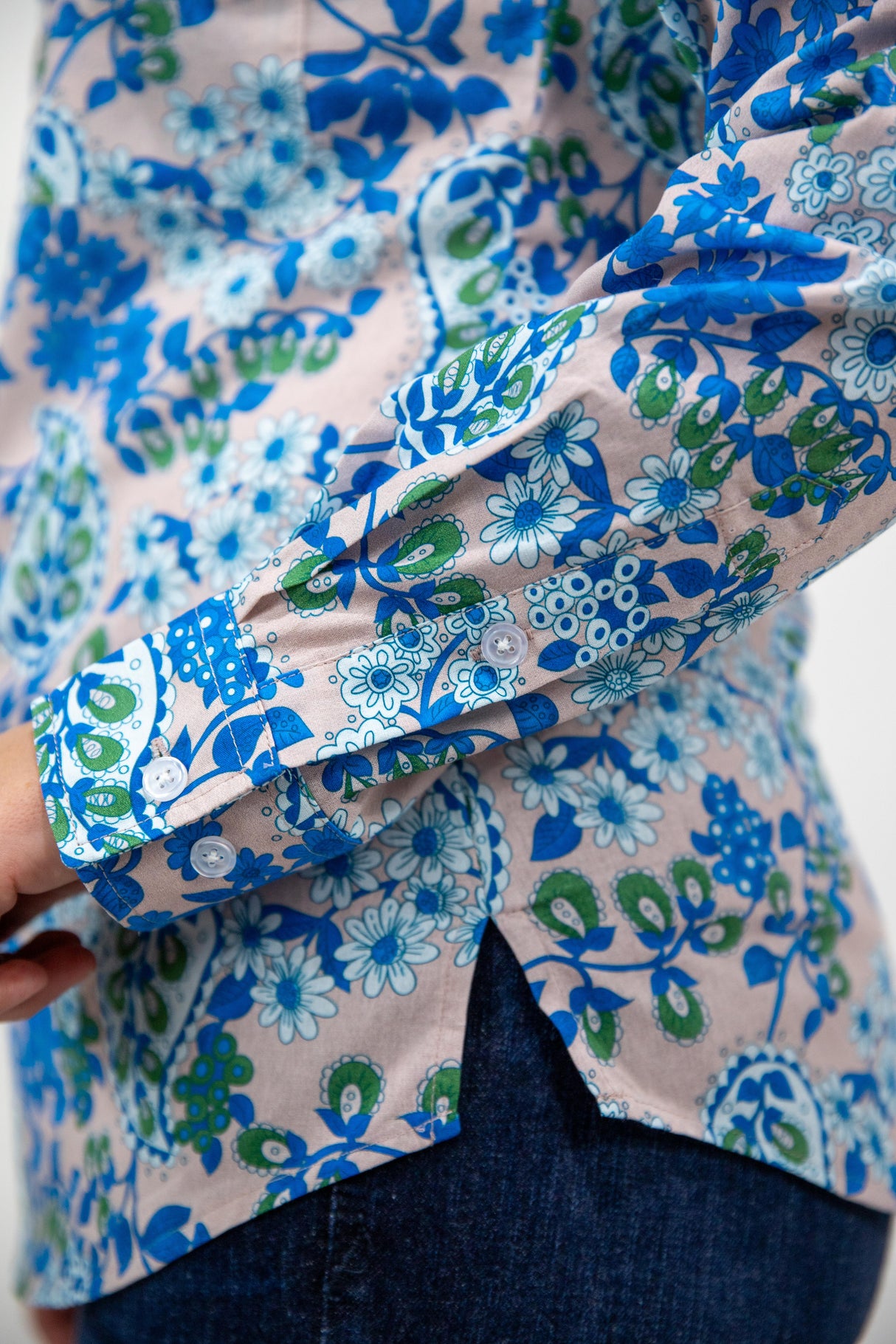 Cora - 1/2 Button Front floral/paisley Long Sleeve Cotton Collared Shirt