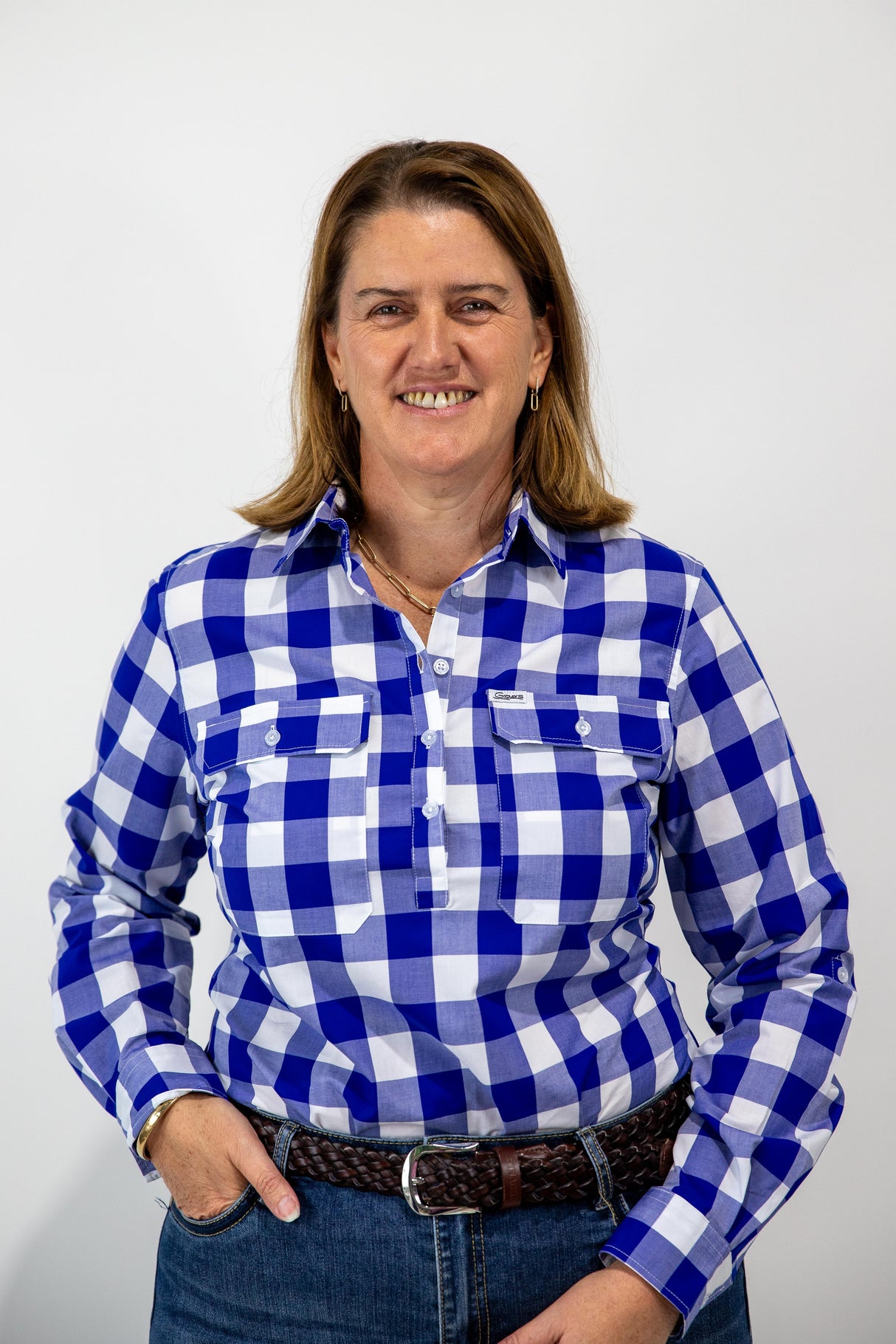 Ellen - 1/2 Button Front Long Sleeve Cotton Collared Shirt