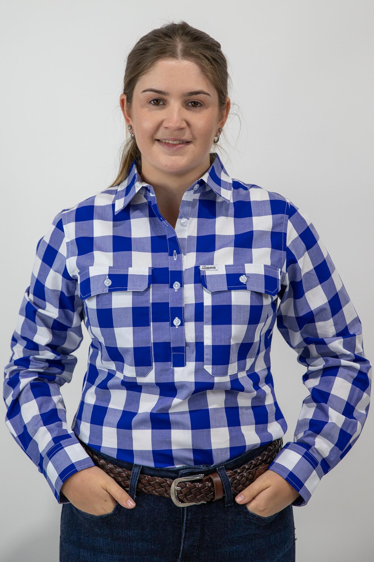 Ellen - 1/2 Button Front Long Sleeve Cotton Collared Shirt