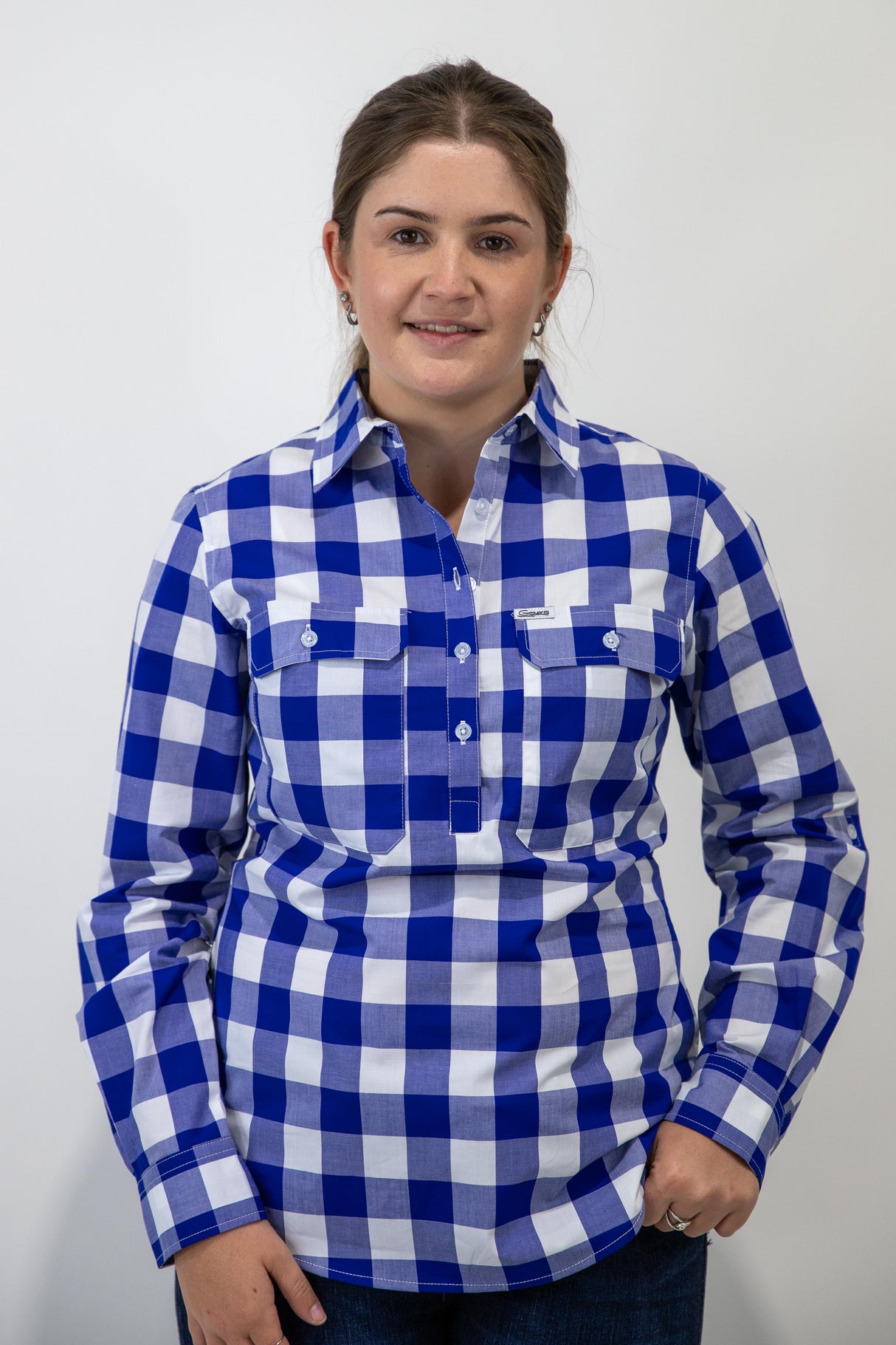 Ellen - 1/2 Button Front Long Sleeve Cotton Collared Shirt