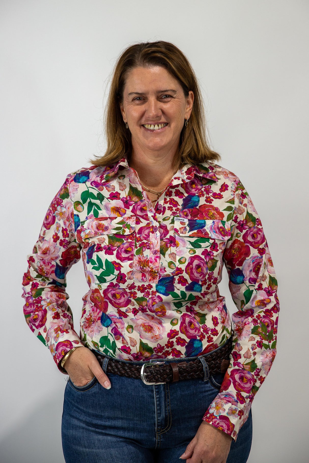 Lauren - 1/2 Button Front Long Sleeve Cotton Collared Shirt