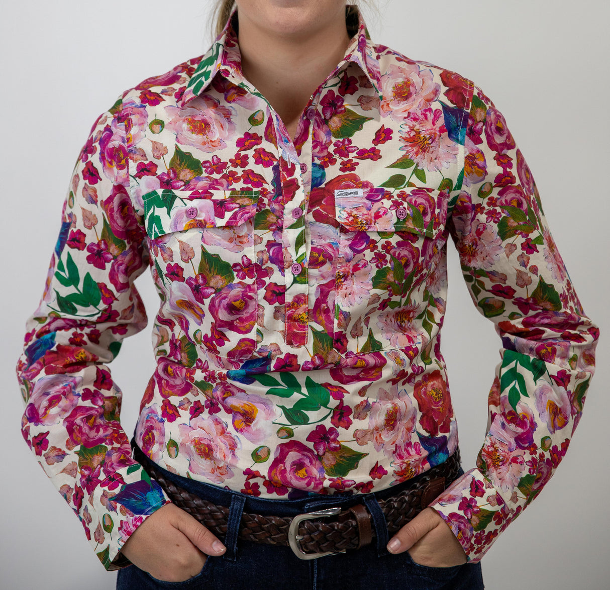 Lauren - 1/2 Button Front Long Sleeve Cotton Collared Shirt