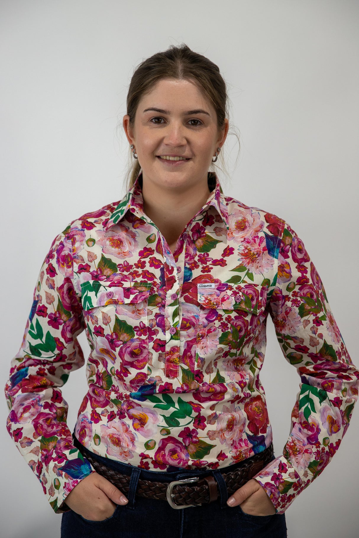 Lauren - 1/2 Button Front Long Sleeve Cotton Collared Shirt