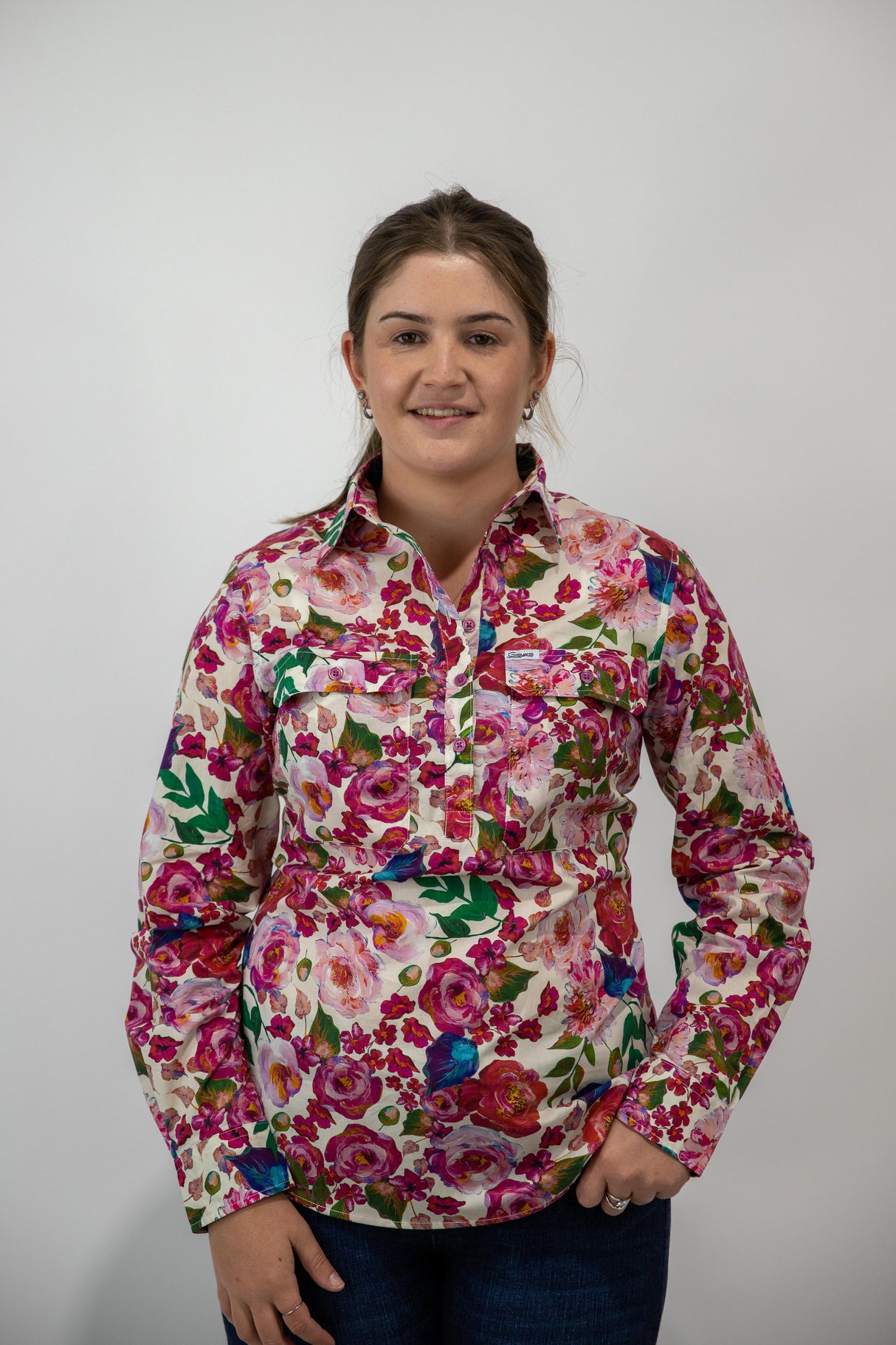 Lauren - 1/2 Button Front Long Sleeve Cotton Collared Shirt