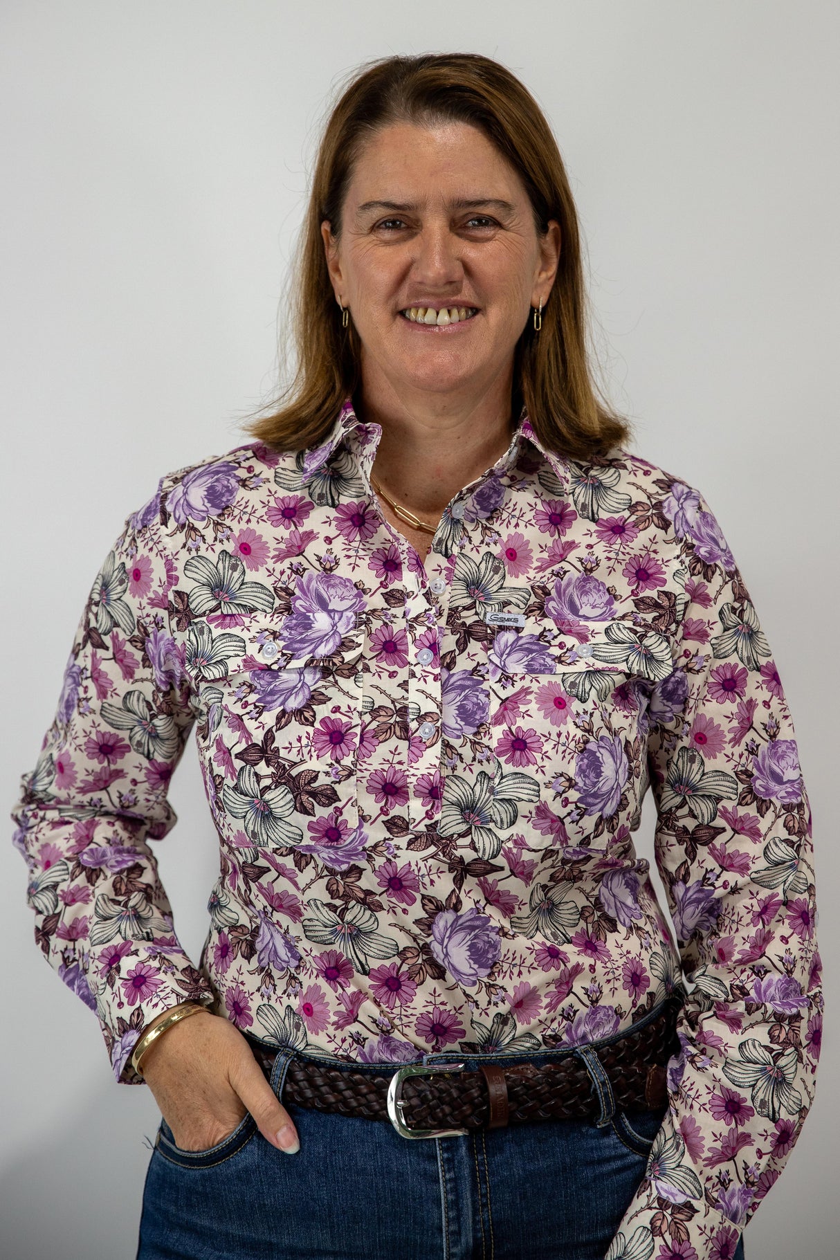 Justine - 1/2 Button Front Long Sleeve Cotton Collared Shirt