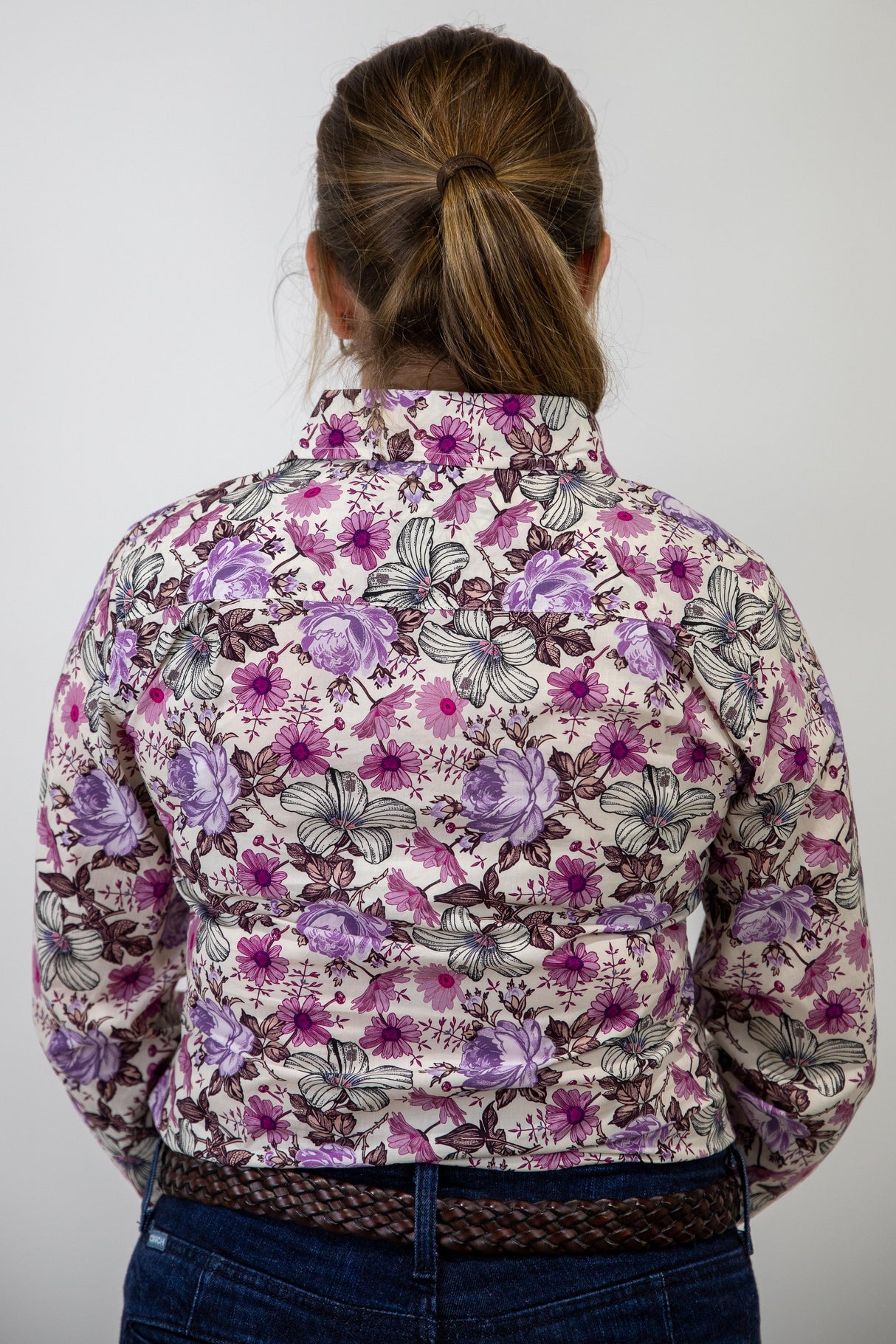 Justine - 1/2 Button Front Long Sleeve Cotton Collared Shirt