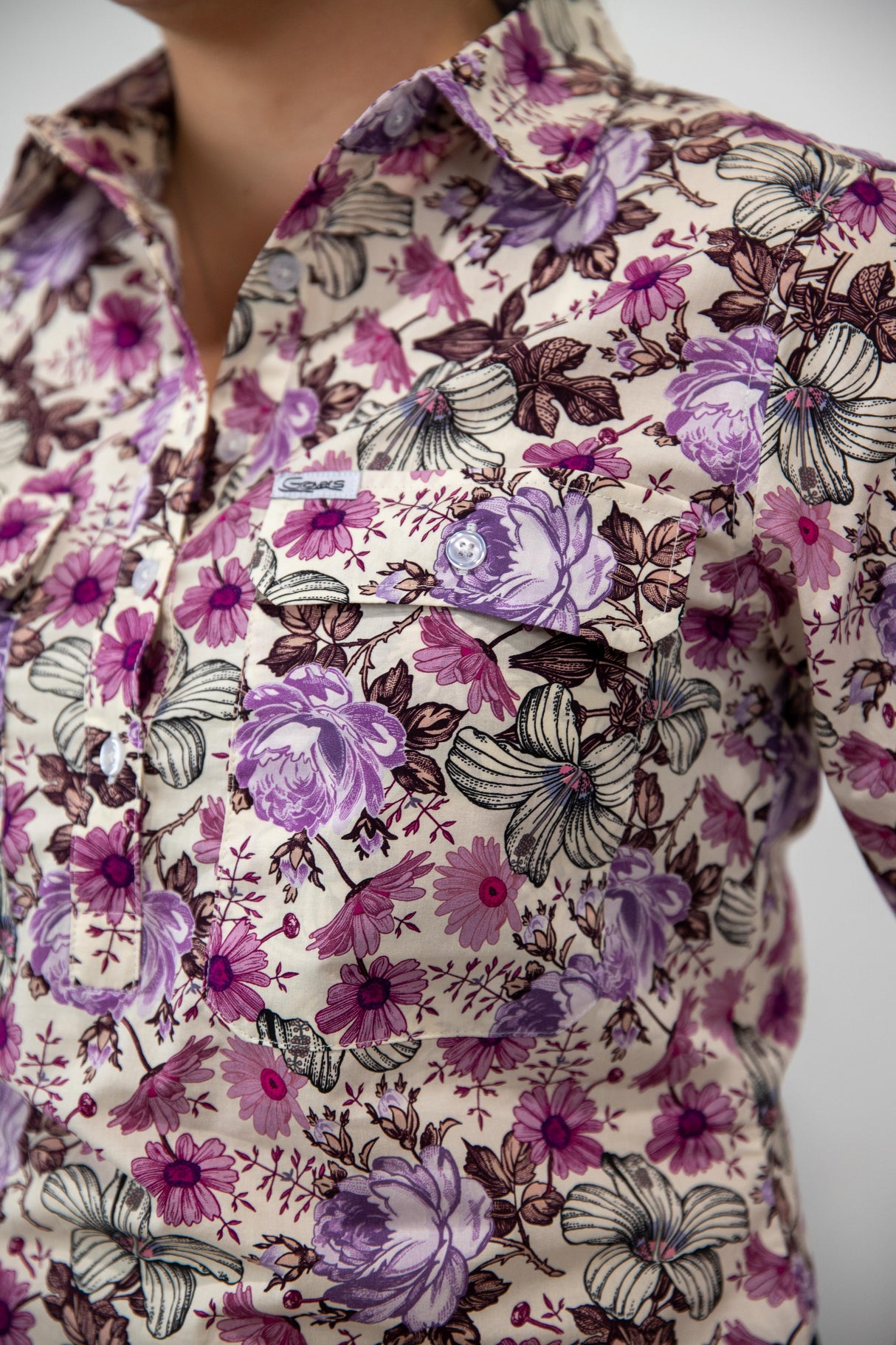 Justine - 1/2 Button Front Long Sleeve Cotton Collared Shirt