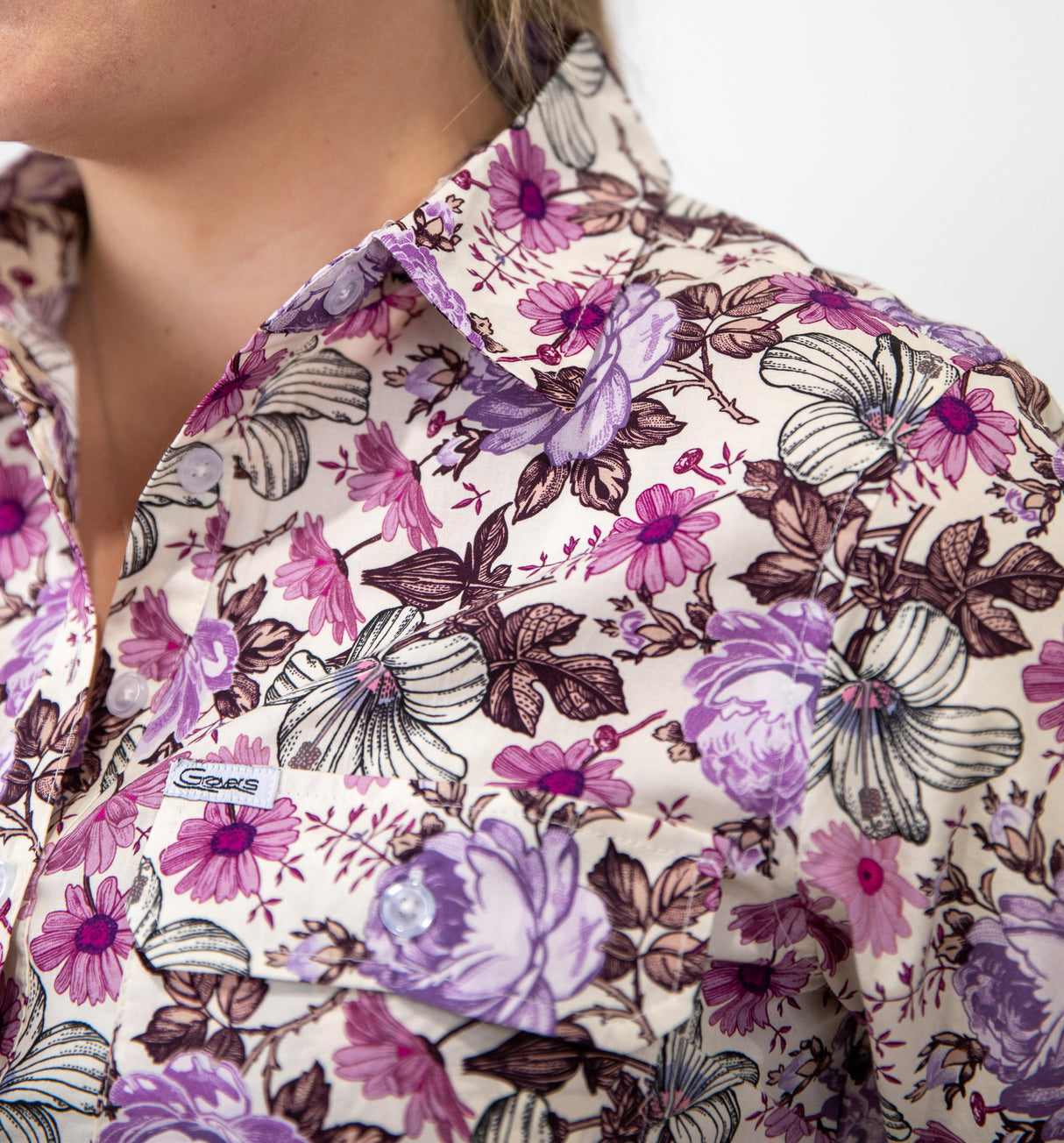 Justine - 1/2 Button Front Long Sleeve Cotton Collared Shirt