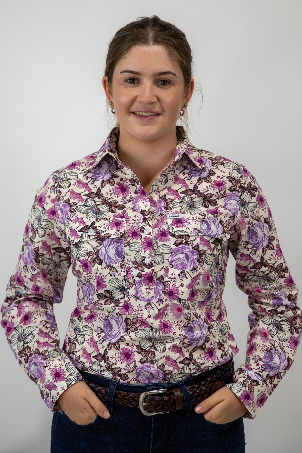 Justine - 1/2 Button Front Long Sleeve Cotton Collared Shirt