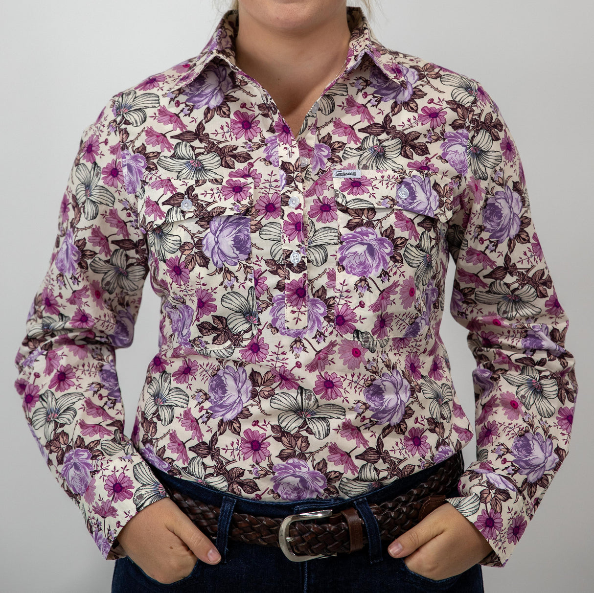 Justine - 1/2 Button Front Long Sleeve Cotton Collared Shirt