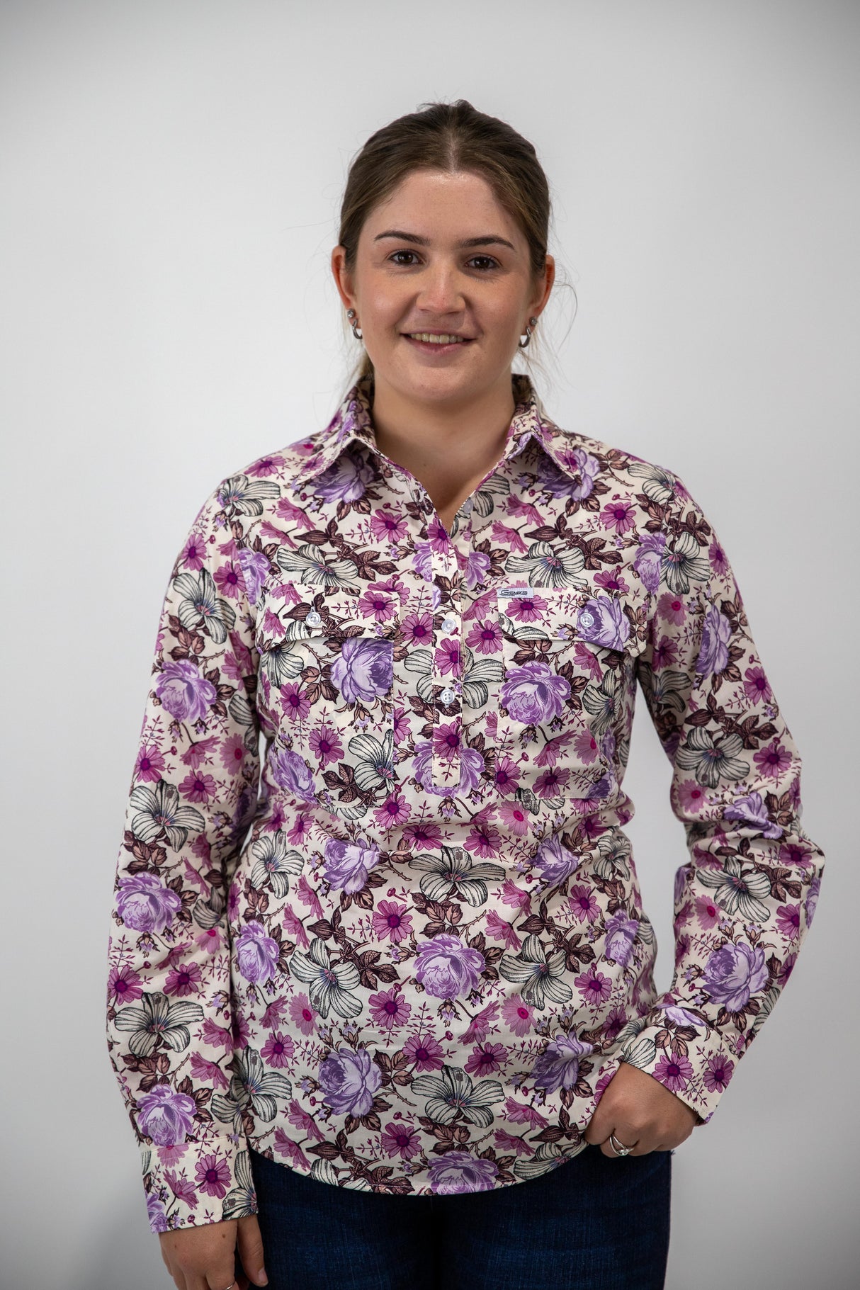 Justine - 1/2 Button Front Long Sleeve Cotton Collared Shirt