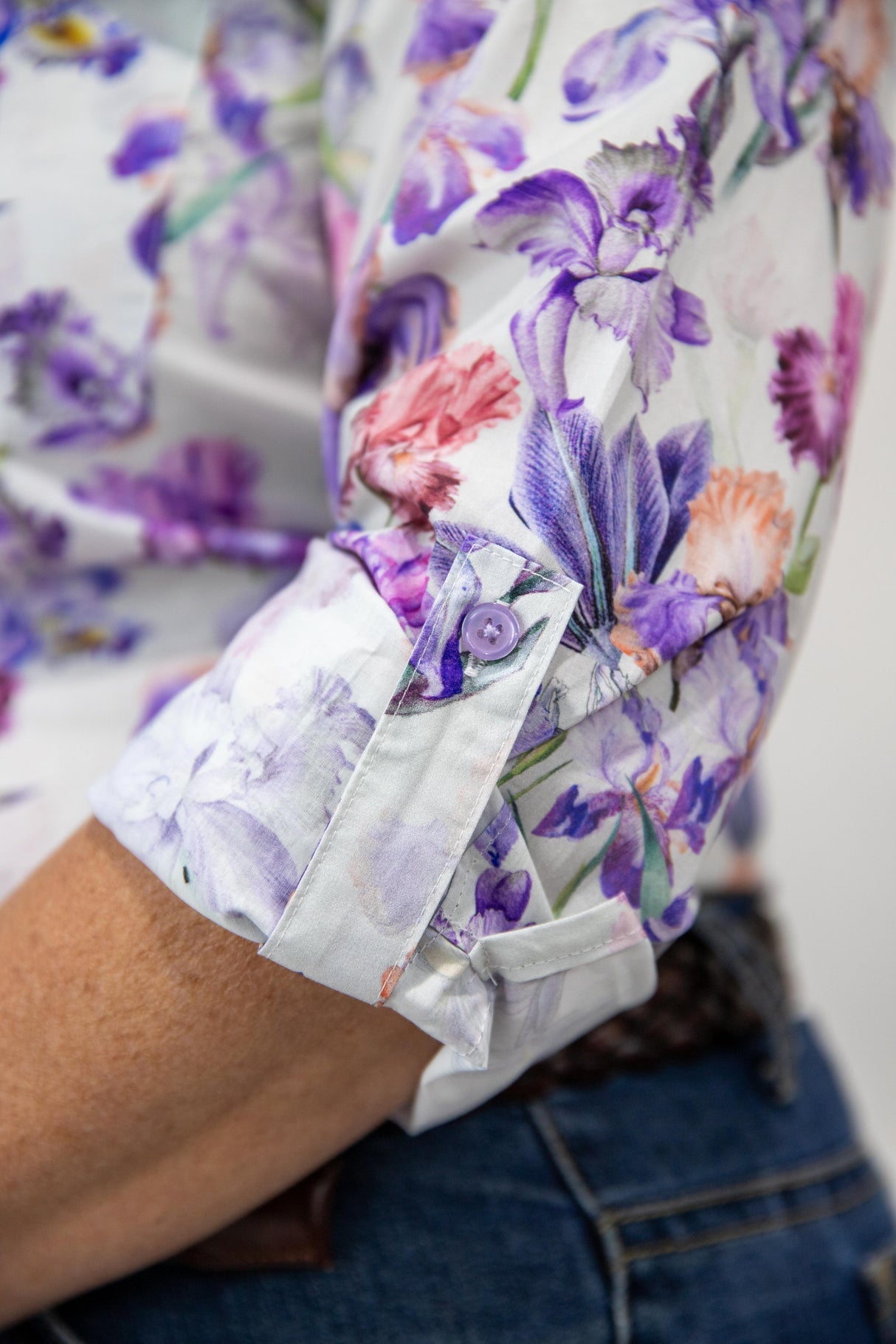 Joanne - 1/2 Button Front floral Long Sleeve Cotton Collared Shirt