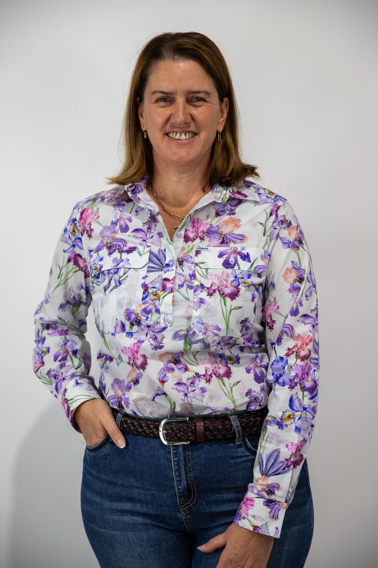 Joanne - 1/2 Button Front floral Long Sleeve Cotton Collared Shirt