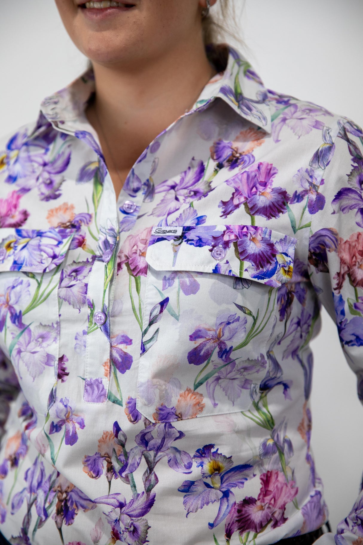 Joanne - 1/2 Button Front floral Long Sleeve Cotton Collared Shirt