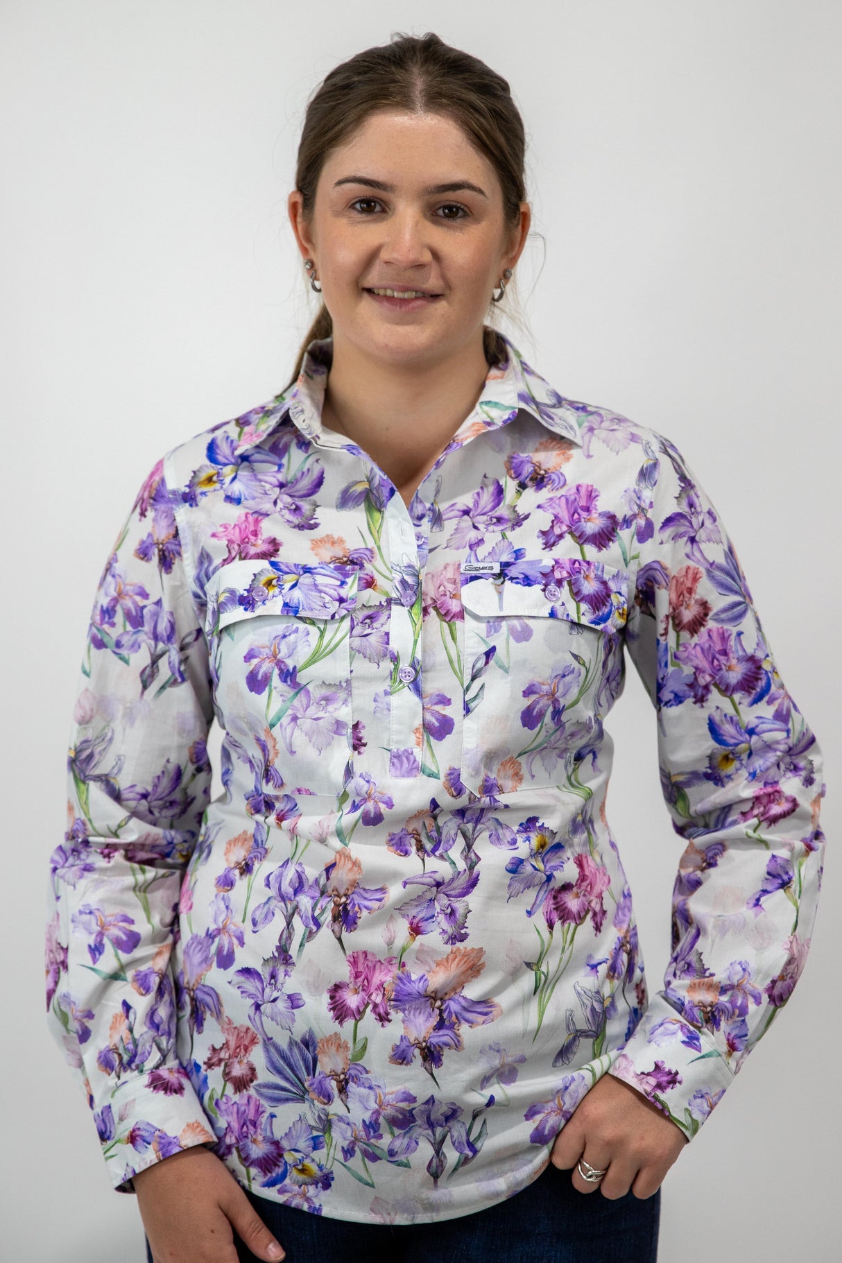 Joanne - 1/2 Button Front floral Long Sleeve Cotton Collared Shirt