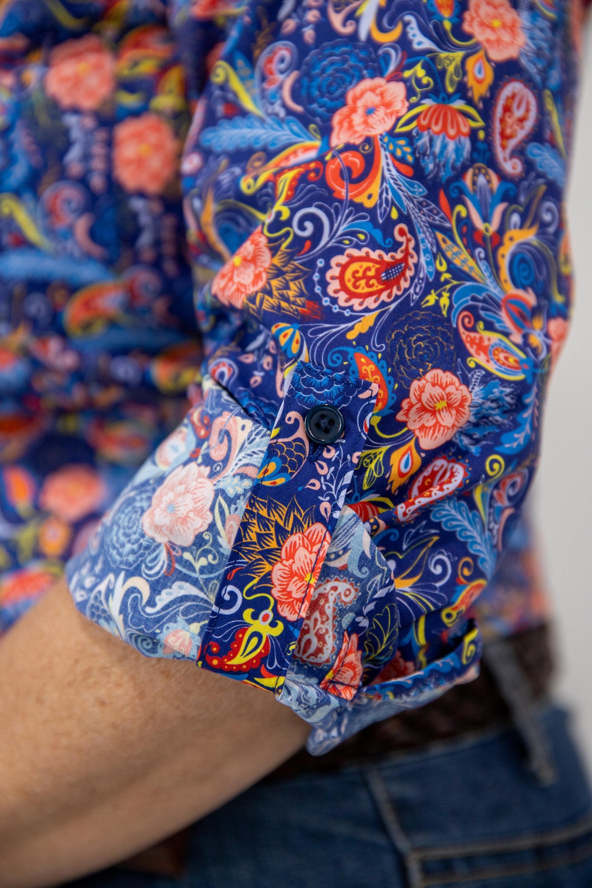 Trudy - 1/2 Button Front floral/paisley Long Sleeve Cotton Collared Shirt