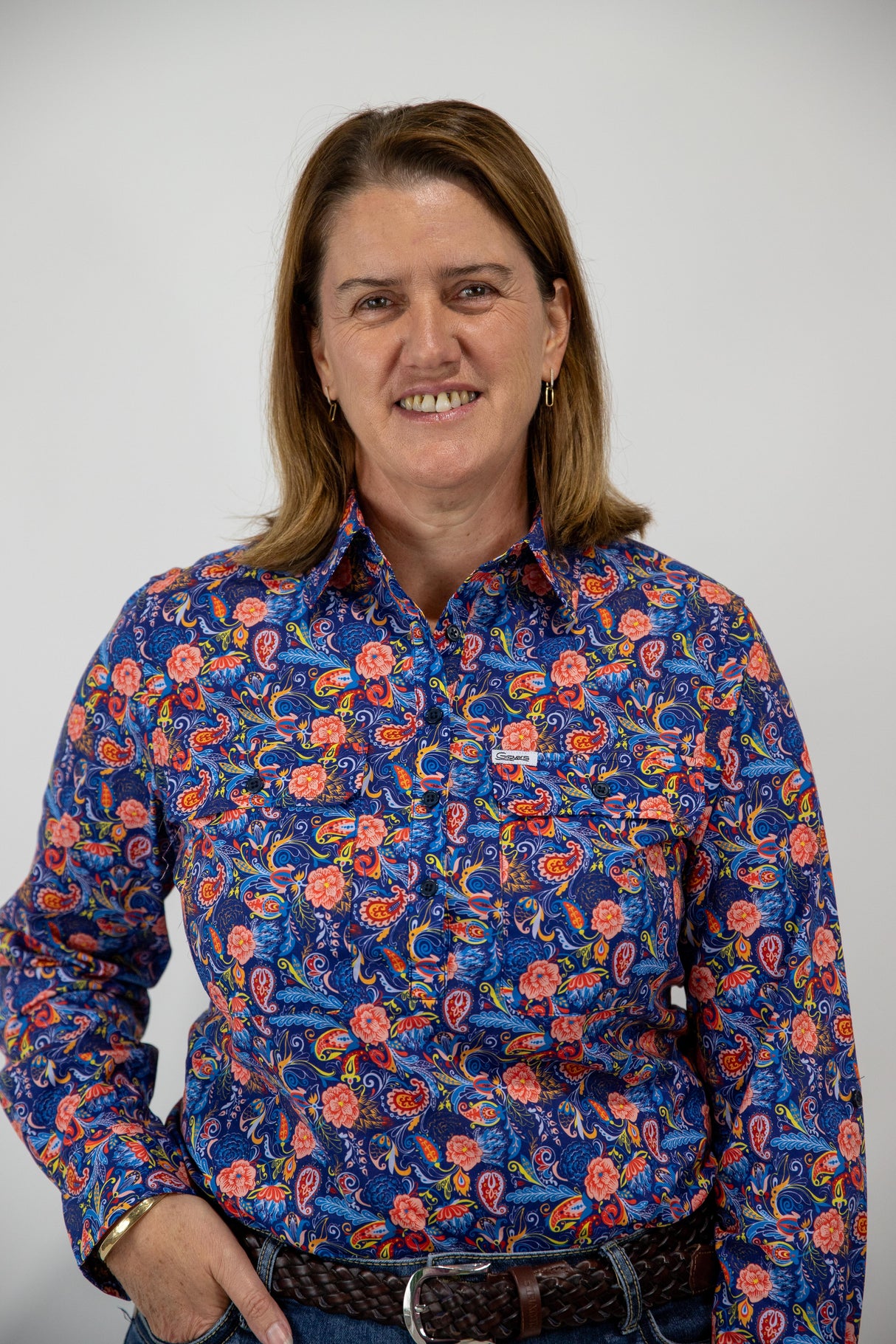 Trudy - 1/2 Button Front floral/paisley Long Sleeve Cotton Collared Shirt