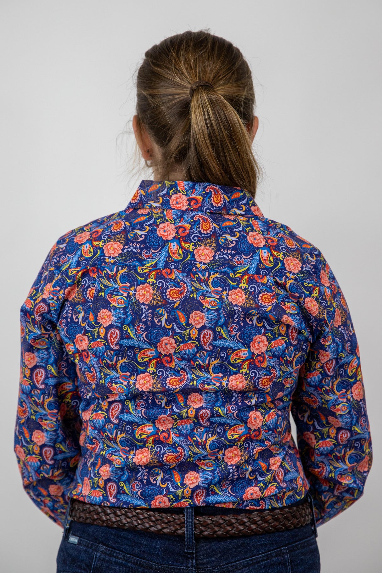 Trudy - 1/2 Button Front floral/paisley Long Sleeve Cotton Collared Shirt