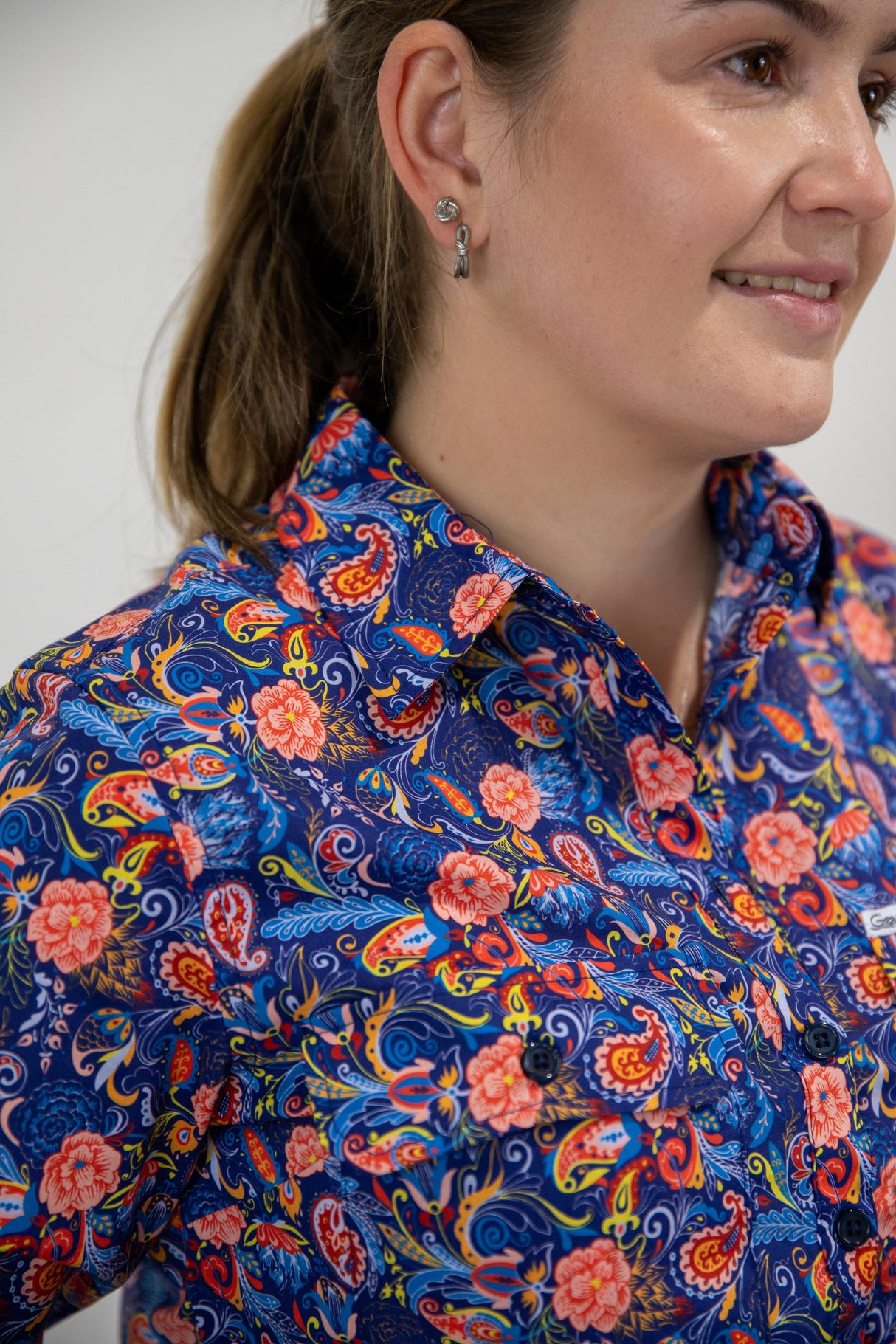 Trudy - 1/2 Button Front floral/paisley Long Sleeve Cotton Collared Shirt