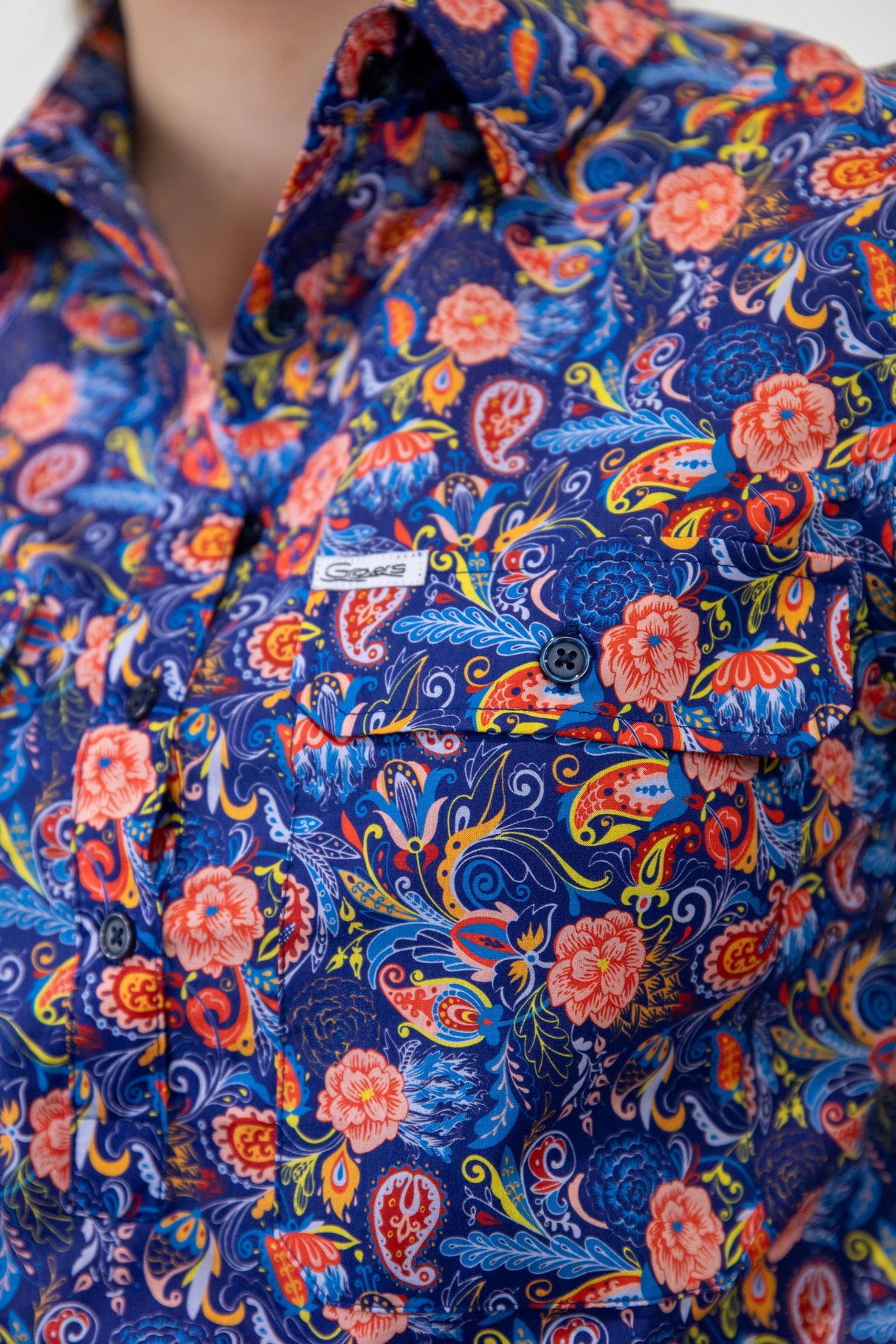 Trudy - 1/2 Button Front floral/paisley Long Sleeve Cotton Collared Shirt