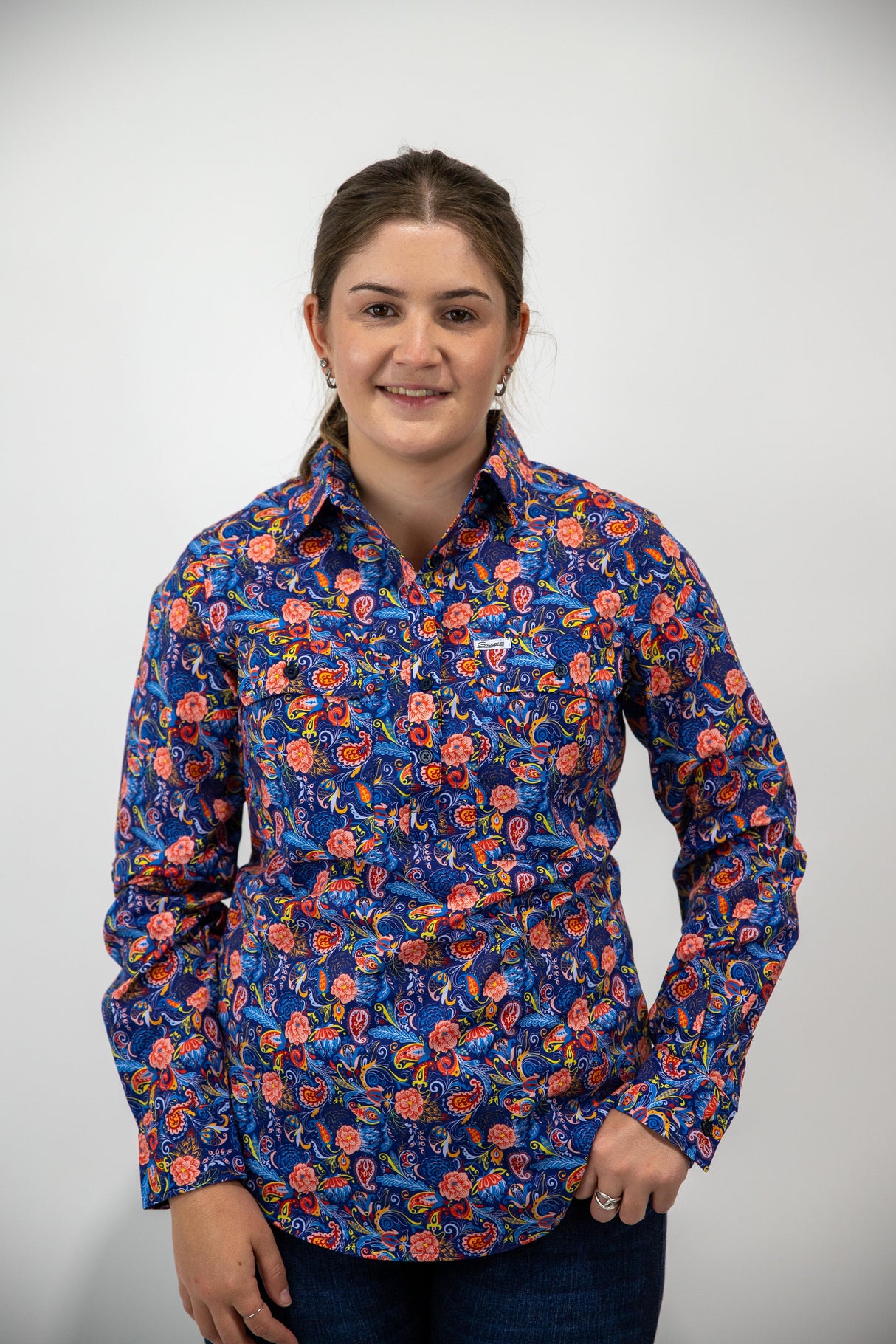 Trudy - 1/2 Button Front floral/paisley Long Sleeve Cotton Collared Shirt