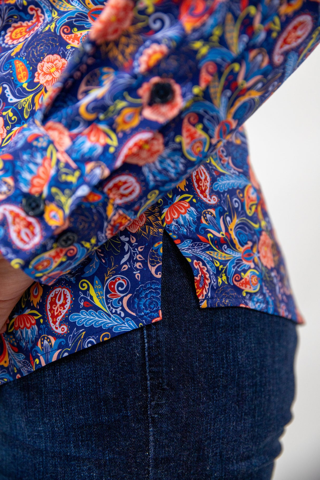 Trudy - 1/2 Button Front floral/paisley Long Sleeve Cotton Collared Shirt