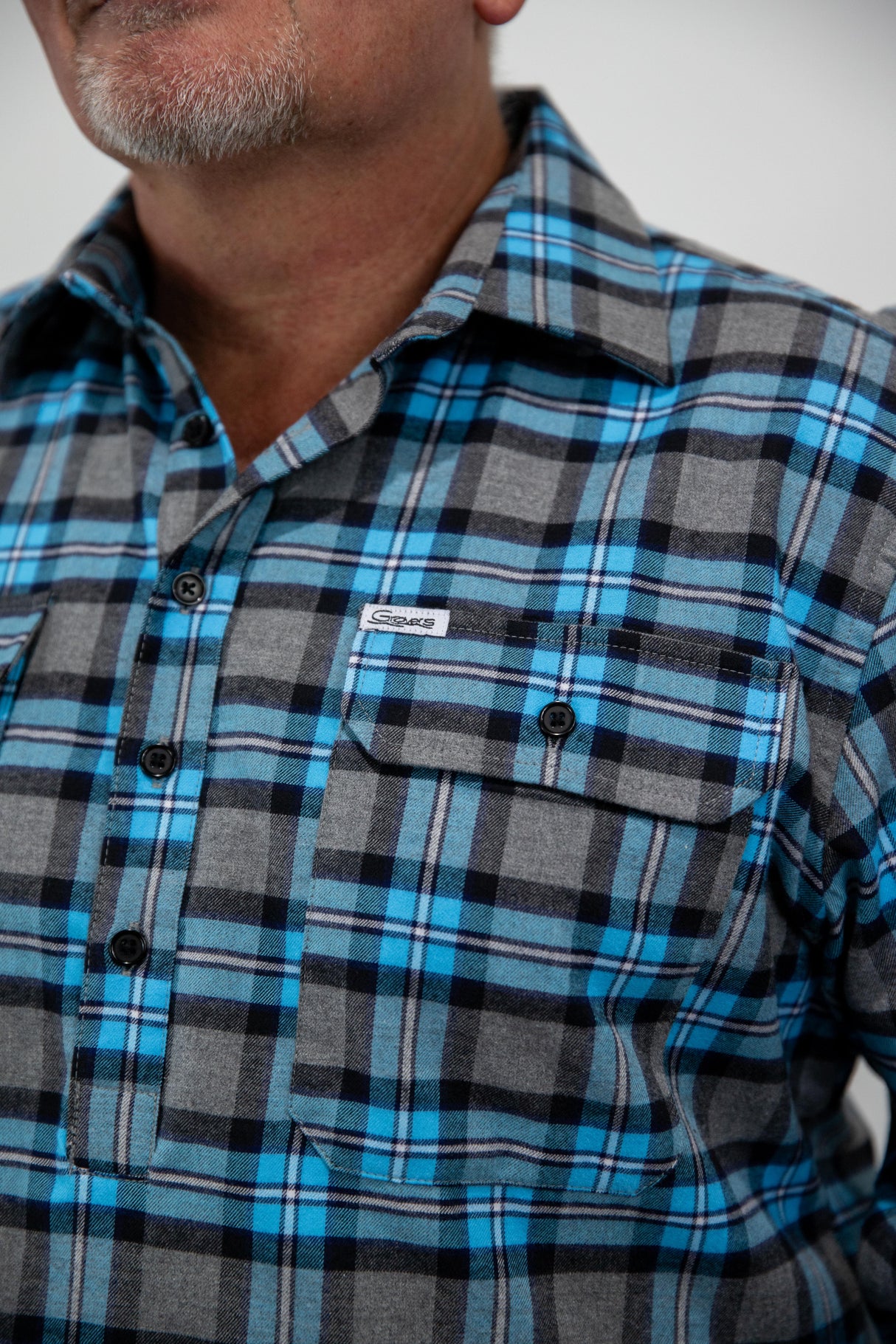 Blue Flannelette - 1/2 Button Front MENS Long Sleeve Shirt