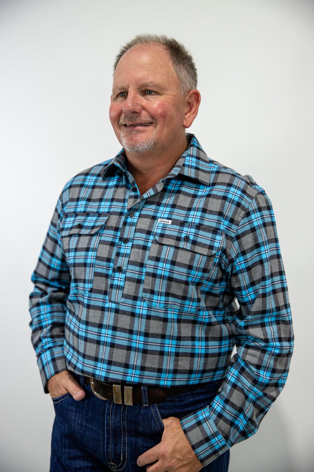 Blue Flannelette - 1/2 Button Front MENS Long Sleeve Shirt