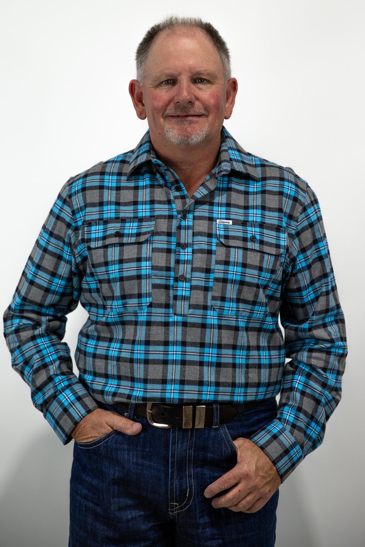 Blue Flannelette - 1/2 Button Front MENS Long Sleeve Shirt