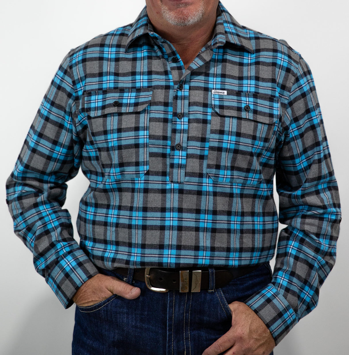 Blue Flannelette - 1/2 Button Front MENS Long Sleeve Shirt