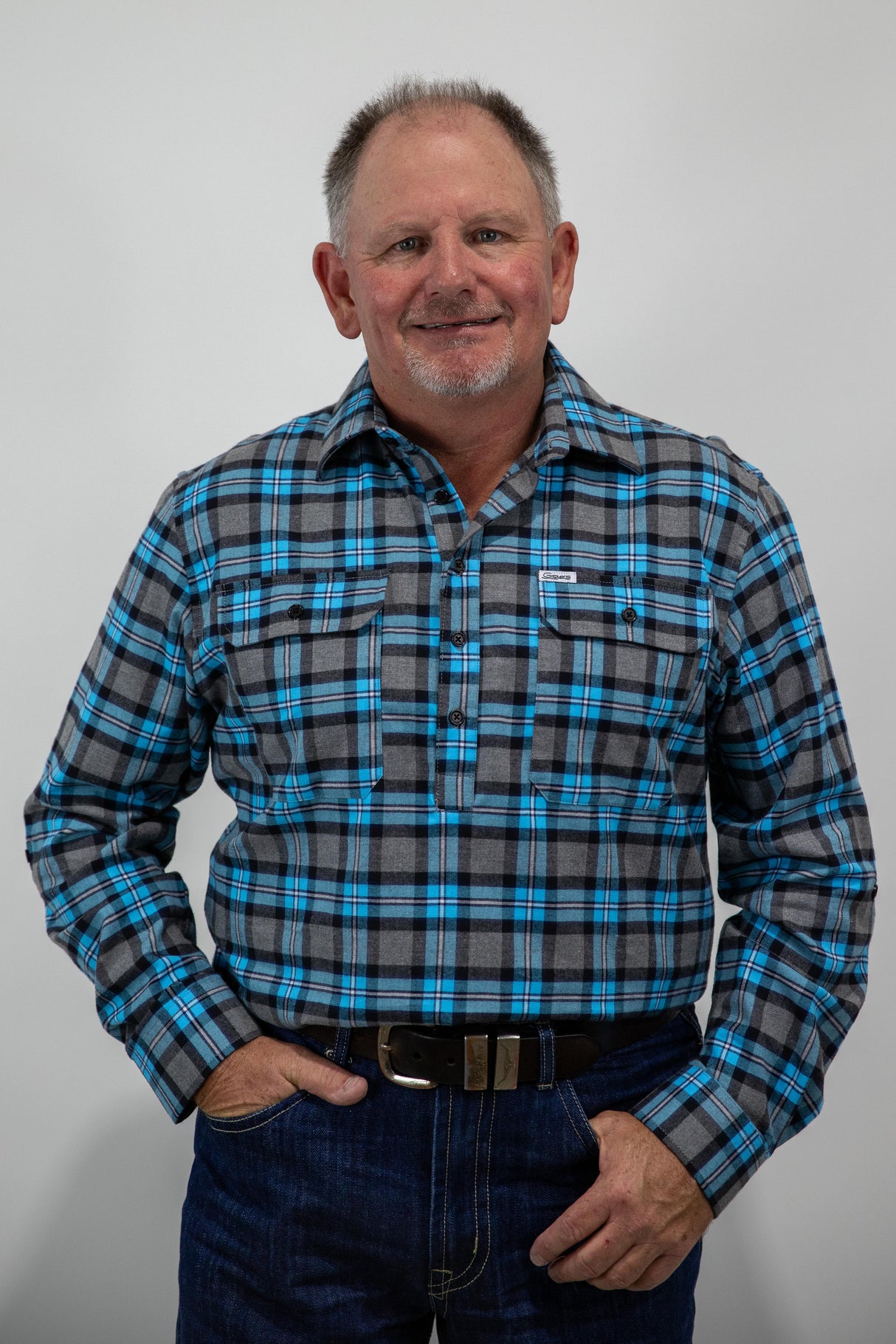 Blue Flannelette - 1/2 Button Front MENS Long Sleeve Shirt